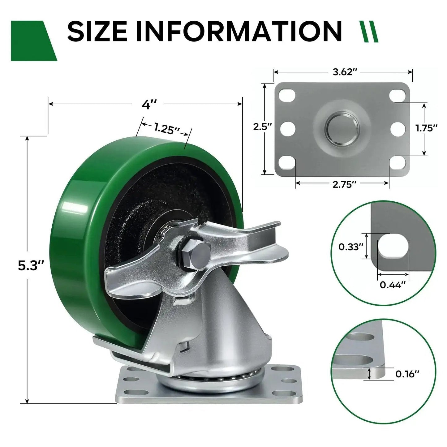 Dimensions diagram of Beefed Up 4 Inch Caster Wheels Set Of 4 With Polyurethane On Cast Iron Core Swivel Casters