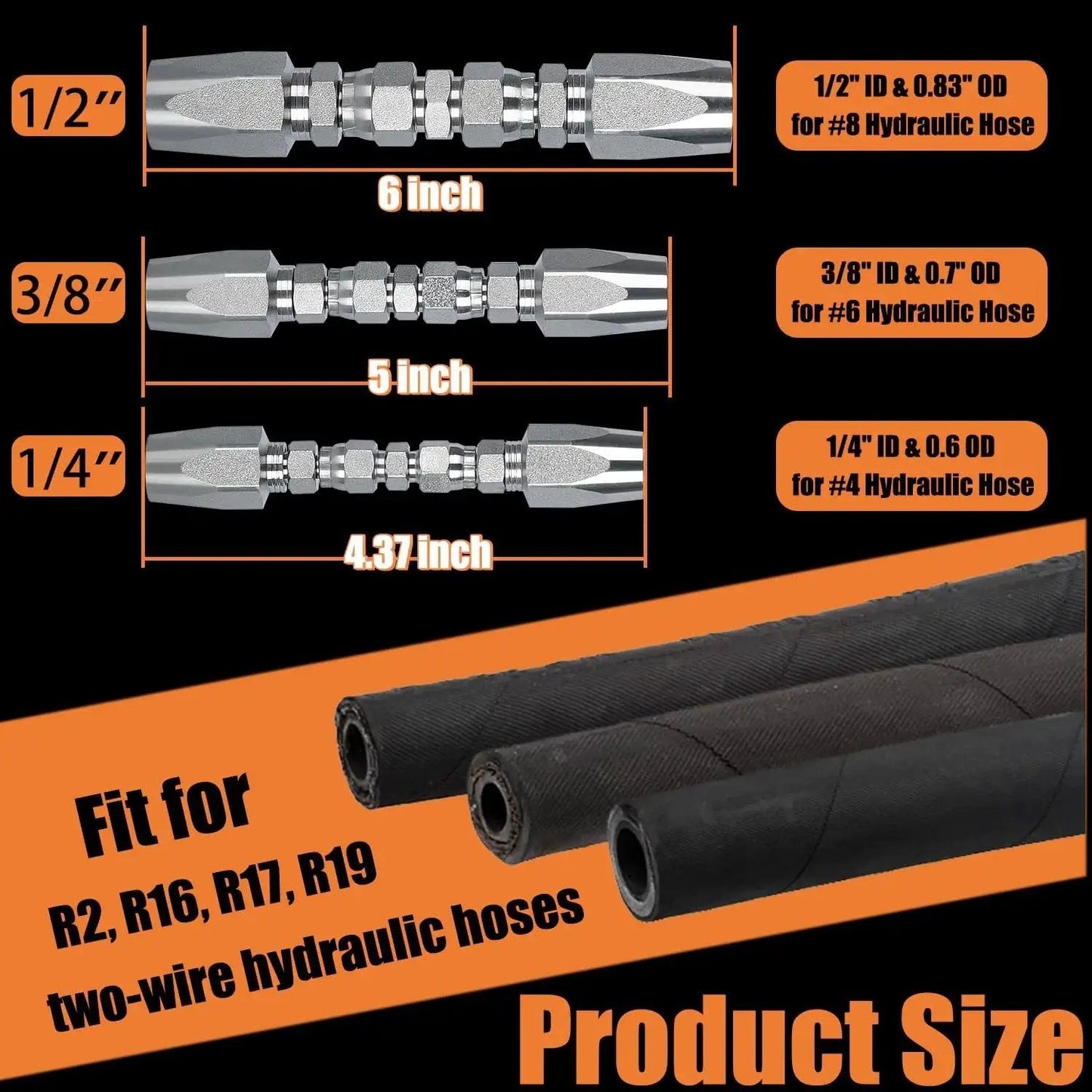Chart showing dimensions of Three Pack Reusable Hydraulic Hose Field Repair Kit for R2 R16 R17 R19 hoses with product size description.