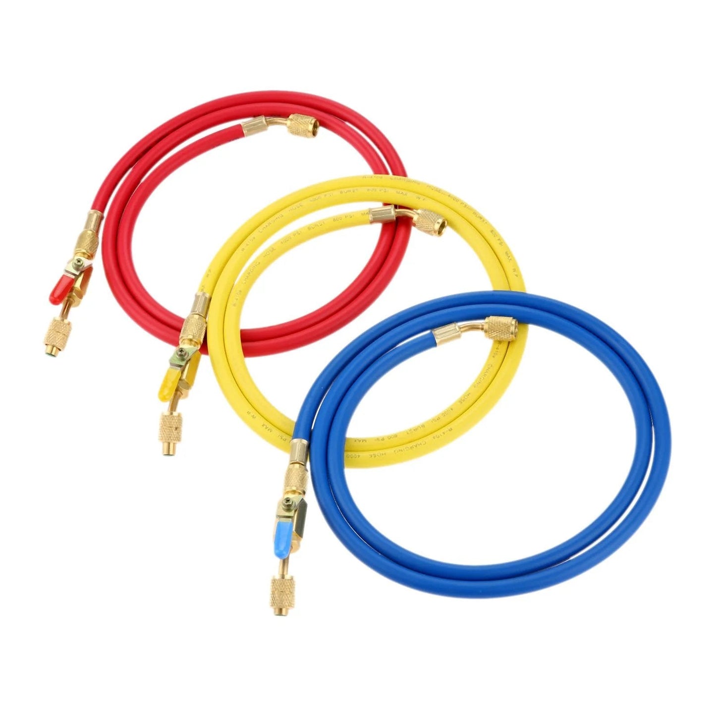 60 Inch Refrigerant A C Charging Hoses With Ball Valves Three Color Set Yellow Blue Red For R134A R12 R22 R502 R404 R410A HVAC Car Air Conditioning Service And Coolant Adding 800 PSI Working Pressure
