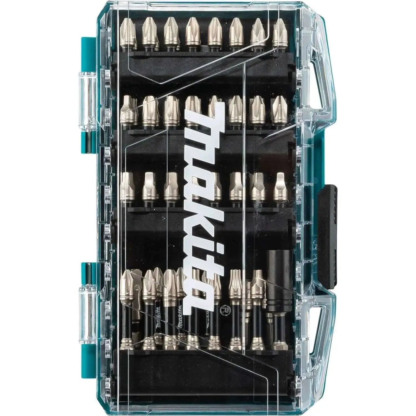 Impact XPS 60 Piece Bit Set For High Torque Impact Drivers With Pro Grade Bits Precision Machined Tips Torque Absorbing Shoulder Rings Optimized Torsion Zone And Bits That Last 100x Longer For Tough Jobs Makita in clear plastic case front view