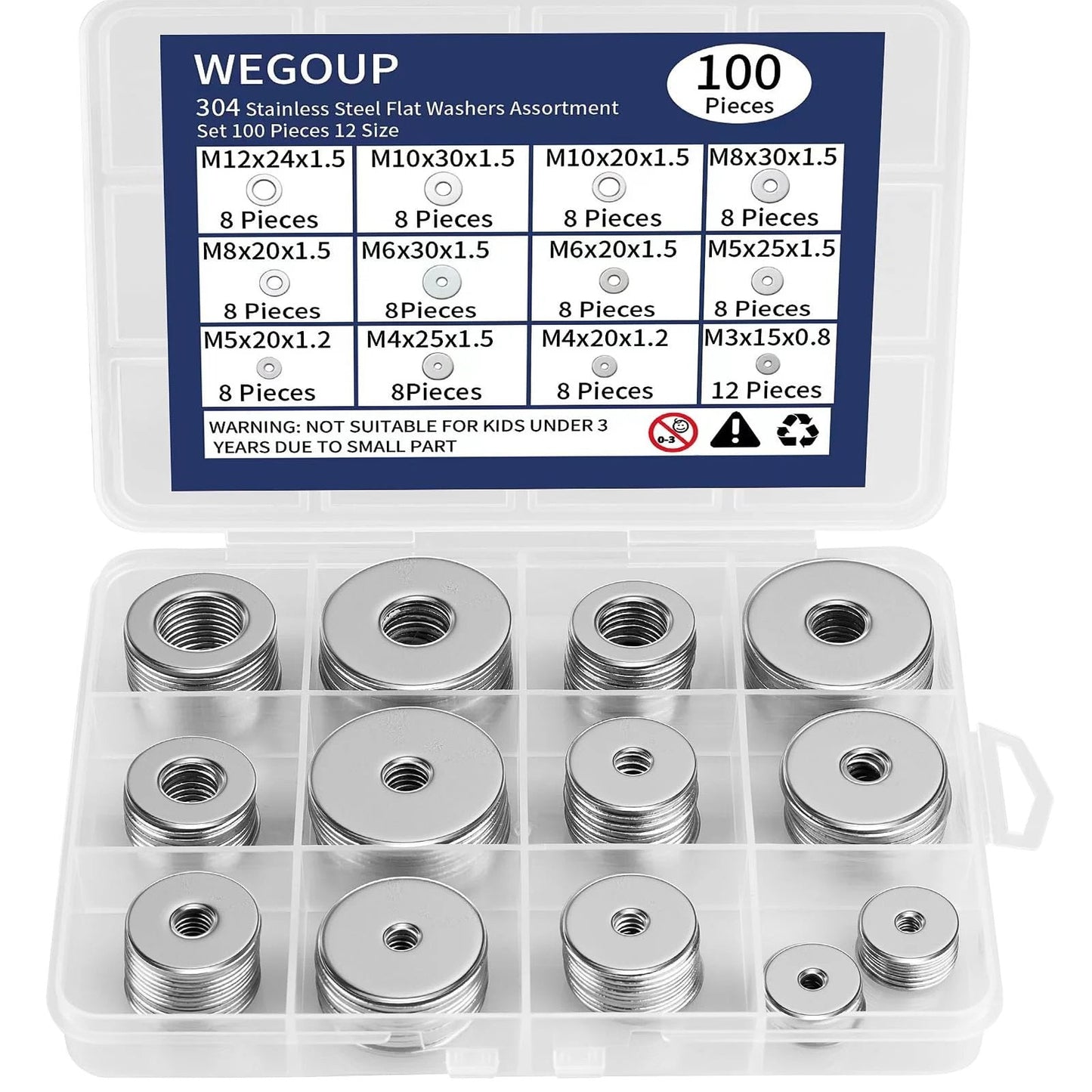 304 Stainless Steel Washers Kit For Screws And Bolts, 100 Pieces Assorted M3 To M12, Heavy Duty Washer Set For Auto, Construction And Plumbing, Rust Resistant For Indoor And Outdoor Use