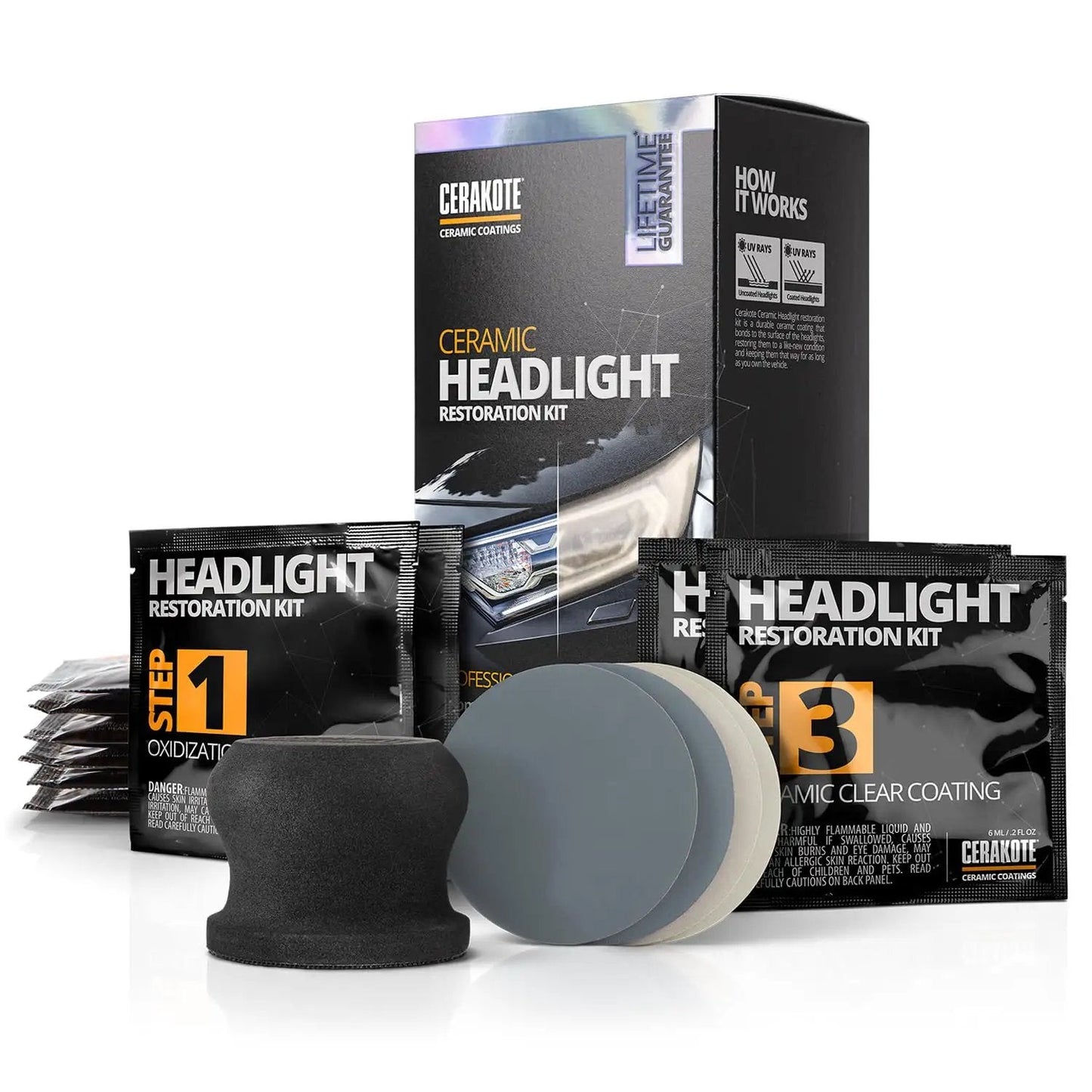 Long Lasting Ceramic Headlight Restoration Kit That Keeps Your Car Lights Crystal Clear No Power Tools Needed Includes 8 Oxidation Removing Wipes 1 Sanding Kit And 2 Ceramic Coating Wipes CERAKOTE product packaging and components displayed.
