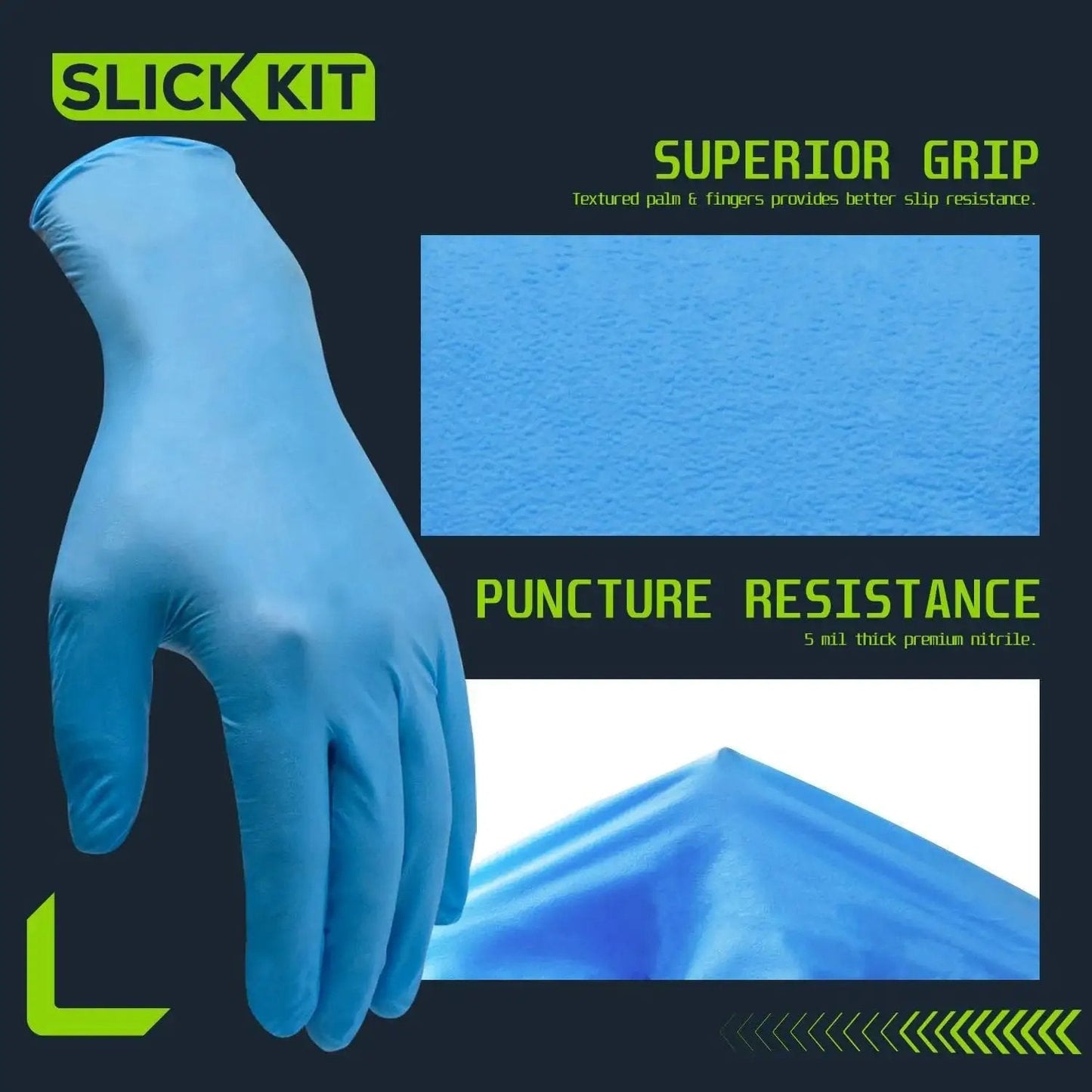 5 Mil Nitrile Gloves Latex Free Powder Free Textured Grip Automotive Cleaning in blue, showcasing texture and durability.