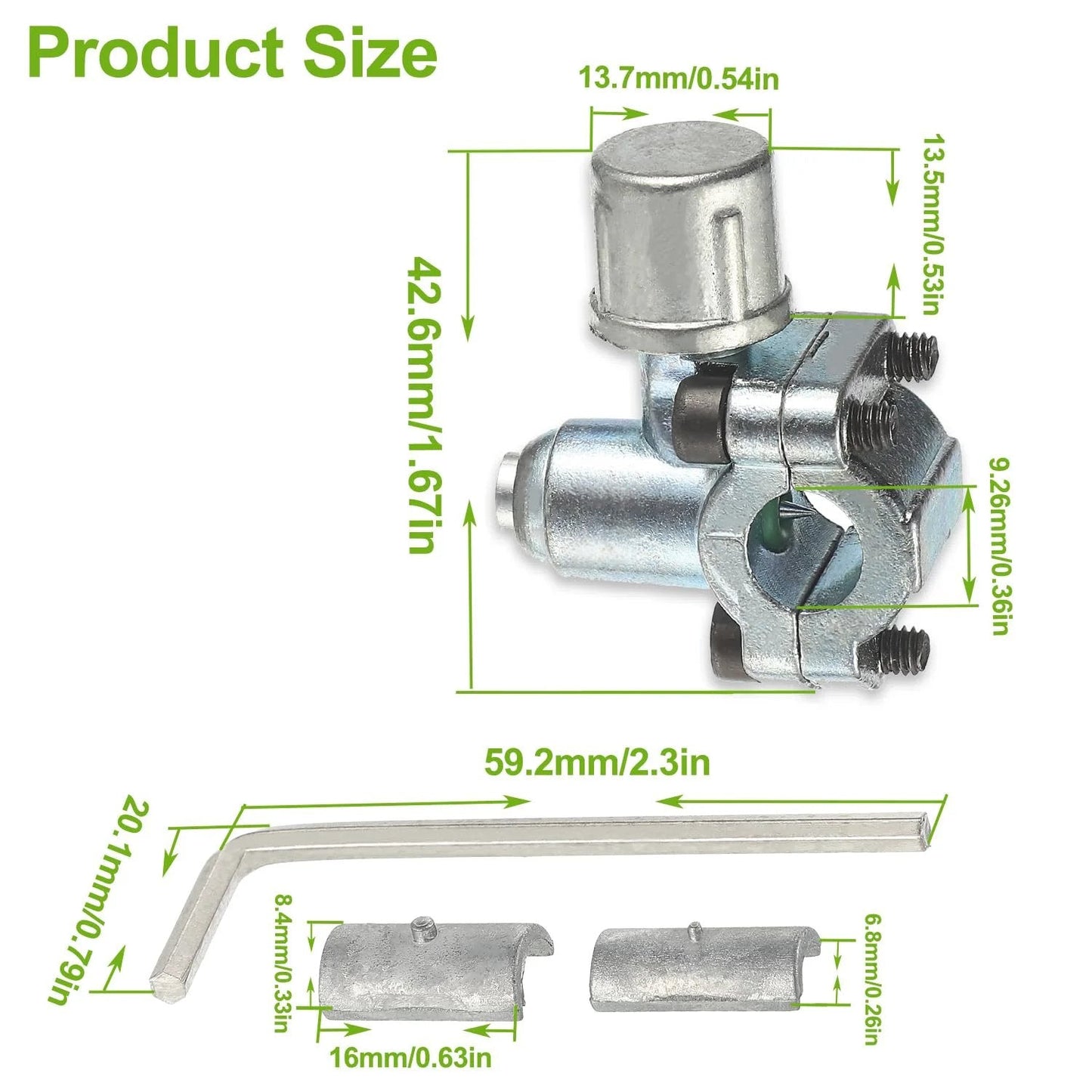 Piercing Valve Kit For Refrigerator Tap BPV-31 with diagram showing valve, hex wrench, and adapters with measurements