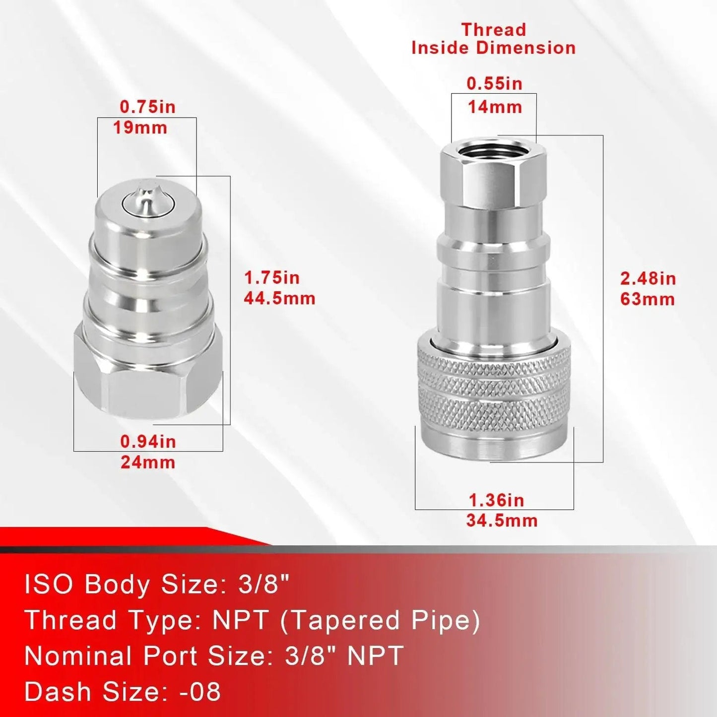 Two Pack One Half Inch Agricultural Hydraulic Quick Connect Couplers With Dust Caps ISO 5675 Pioneer Poppet Style dimensions