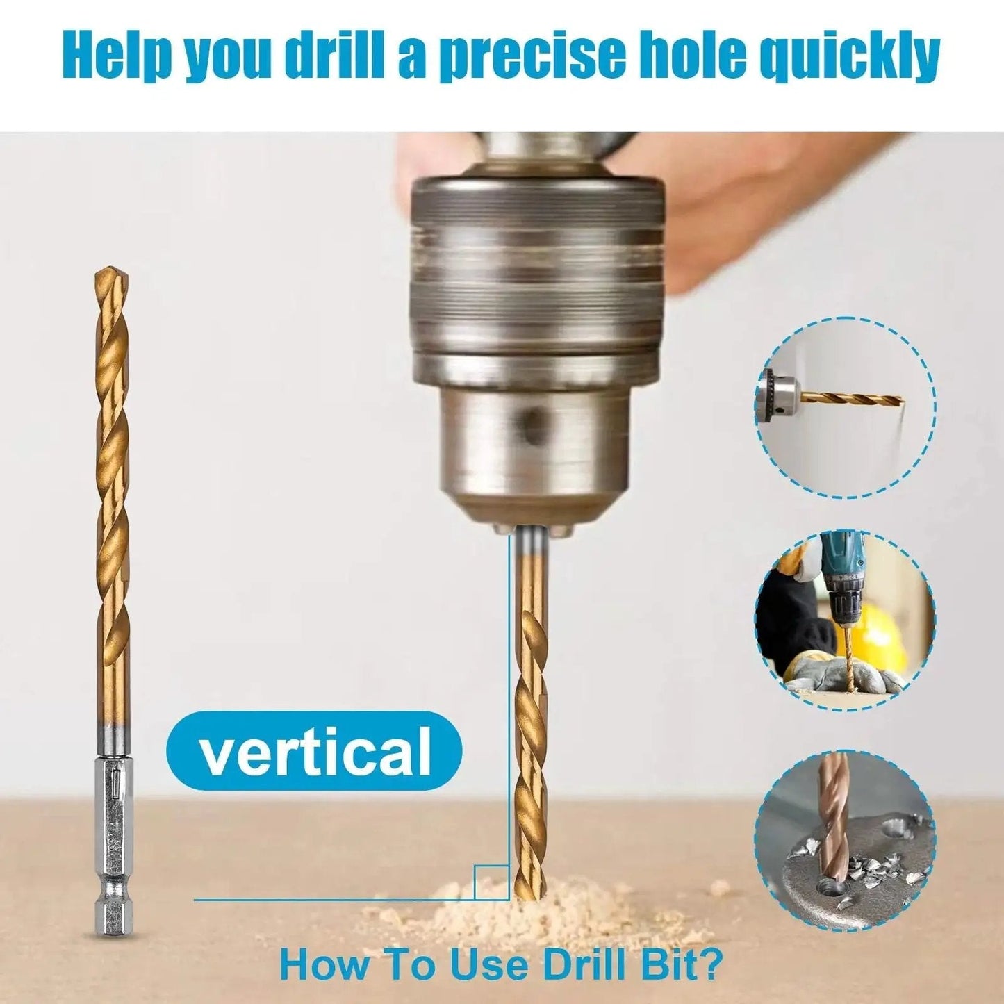 19 Piece Hex Shank Drill Bit Set With Holder For Metal Wood Plastic Pro Grade Titanium Coated HSS Twist Bits 4241 High Speed Steel One Sixteenth Inch To One Quarter Inch Includes Thirteen Sizes Plus One Quick Change Bit Holder drilling demonstration