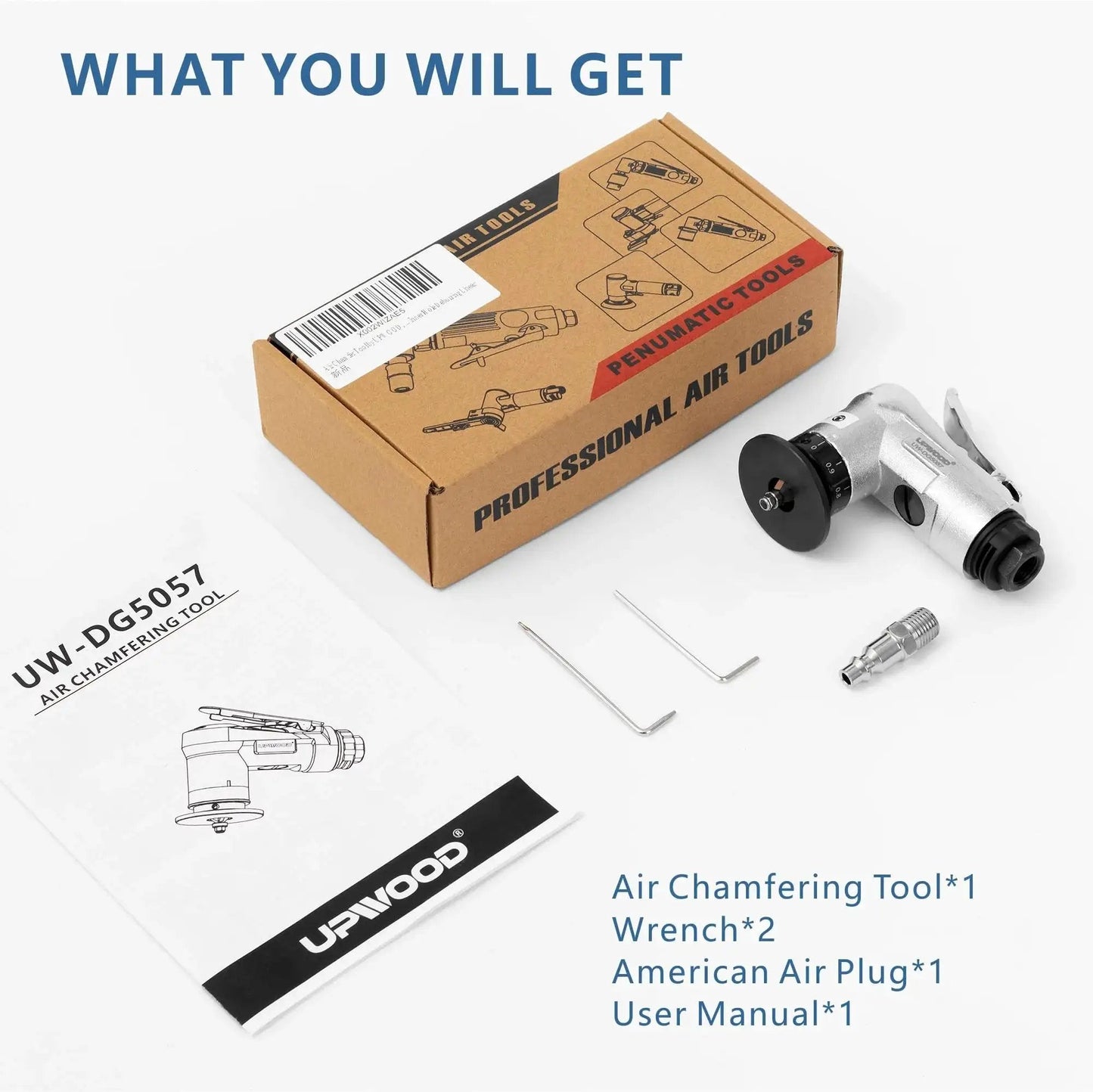 Lightweight Pneumatic Chamfer Tool For Metal Deburring, Tiny Yet Mighty Mini Air Beveler, box, wrenches, air plug, manual