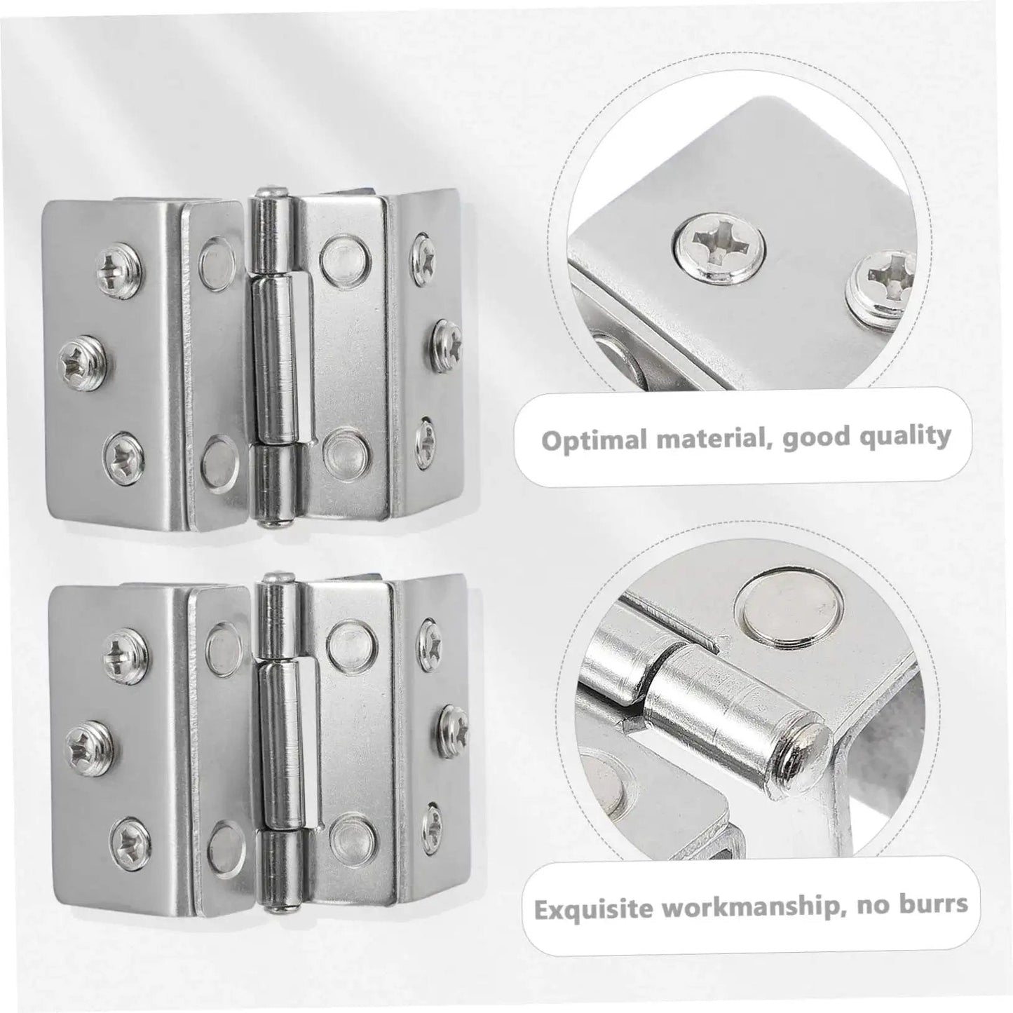 Close-up of double sided stainless steel glass door hinges for display cabinets heavy duty load bearing easy to install 2 pack.