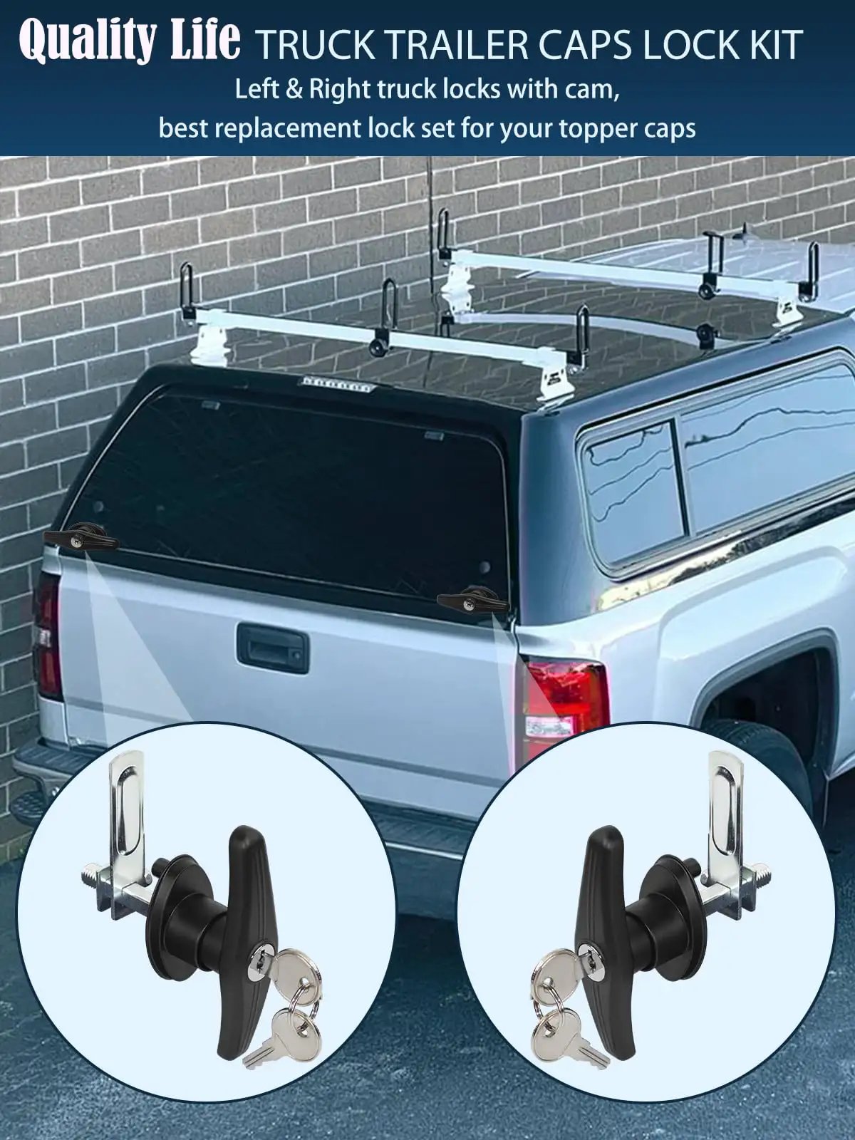 T-Handle Lock Kit for Truck Cap Camper Shell With Keys - Left And Right Lock Set showing locks and keys for truck bed topper doors.