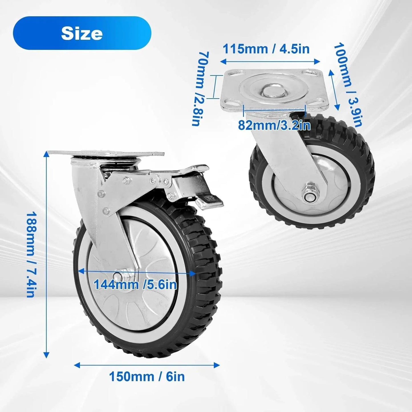 Heavy Duty 6 Inch Rubber Caster Wheels Set Of 4 With Anti Skid Swivel Casters And 360 Degree Rotation 1653 Lbs Capacity Two With Brake And Two Without Brake Quiet Silent Universal Caster Wheels For Furniture Equipment shown in detailed size dimensions