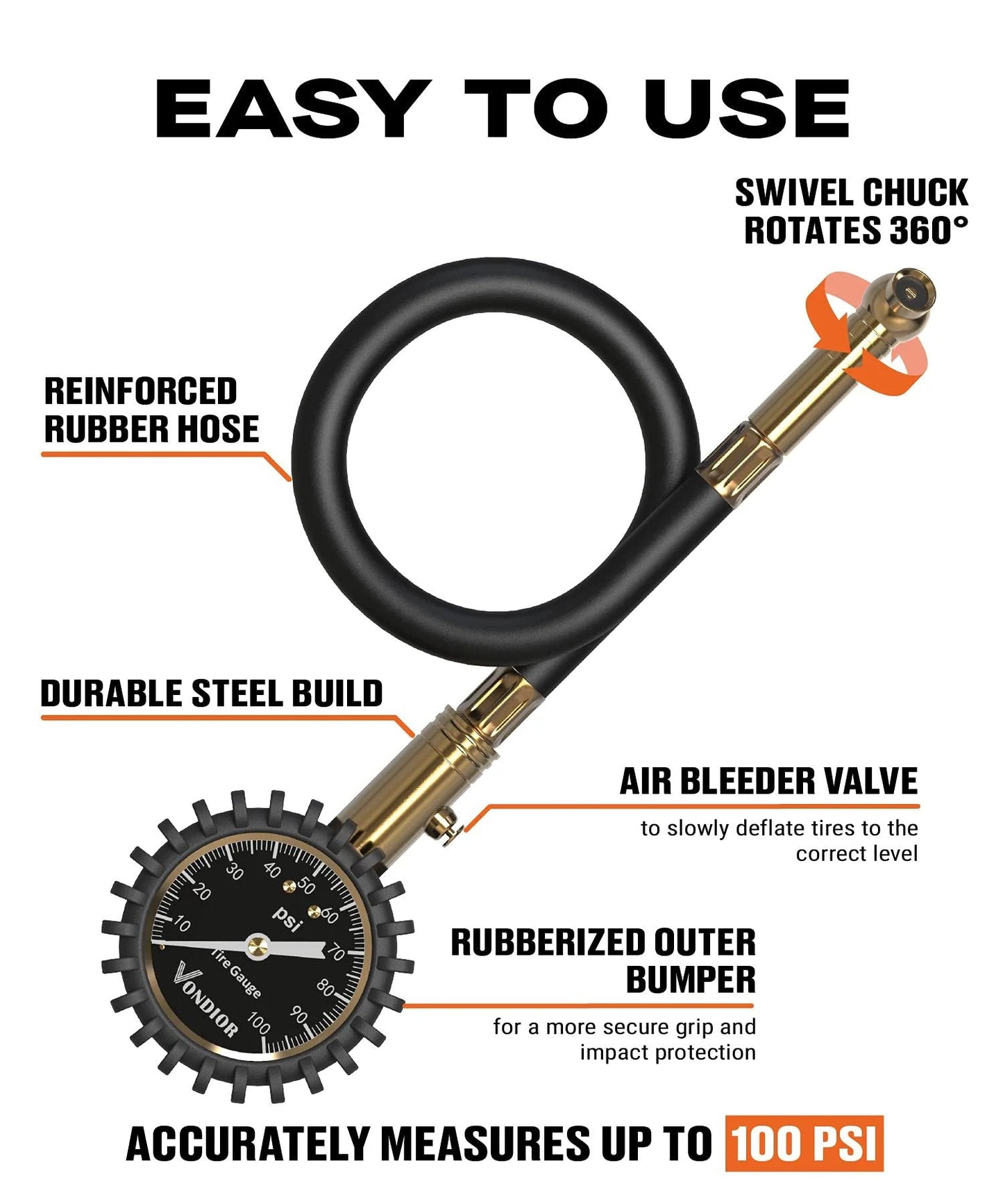 Glow Dial Tire Pressure Gauge 0 to 100 PSI For Cars And Trucks ANSI B40.1 Certified Large 2 Inch Easy Read Gauge with swivel chuck