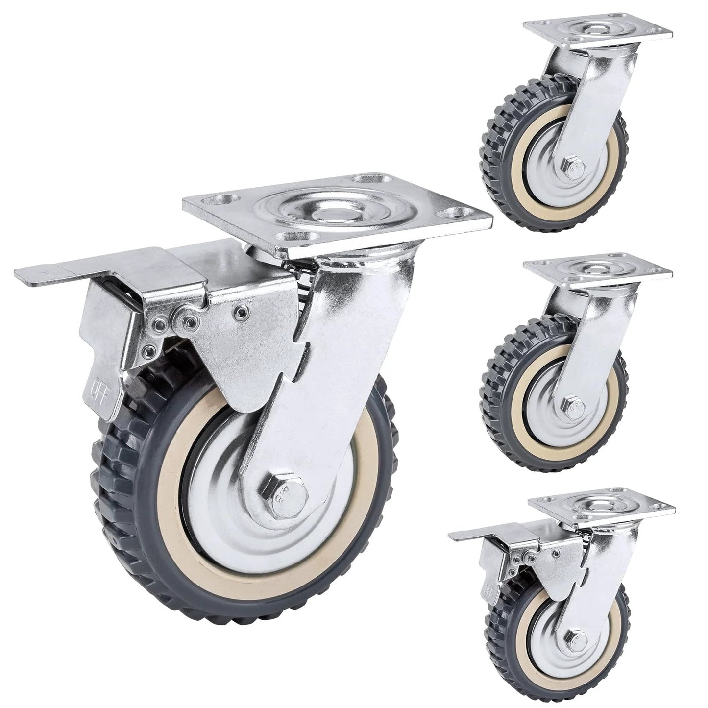 4 Pack 8 Inch Heavy Duty Swivel Caster Wheels, 2 With Brake And 2 Without, 360 Degree Ball Bearing Plate Casters, Anti Skid PU Wheels For Workbenches, Carts, Machinery And Furniture, Supports Up To 2314 Lbs Per Set