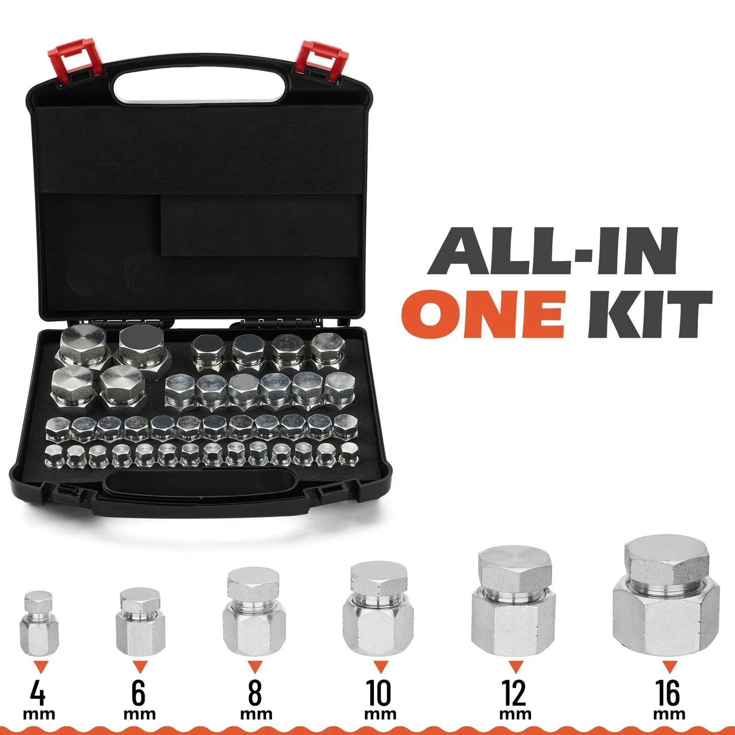 Leak-Proof JIC 37 Degree Flare Cap And Plug Kit, 80-Piece Hydraulic Fitting Set in case with different dash ranges shown