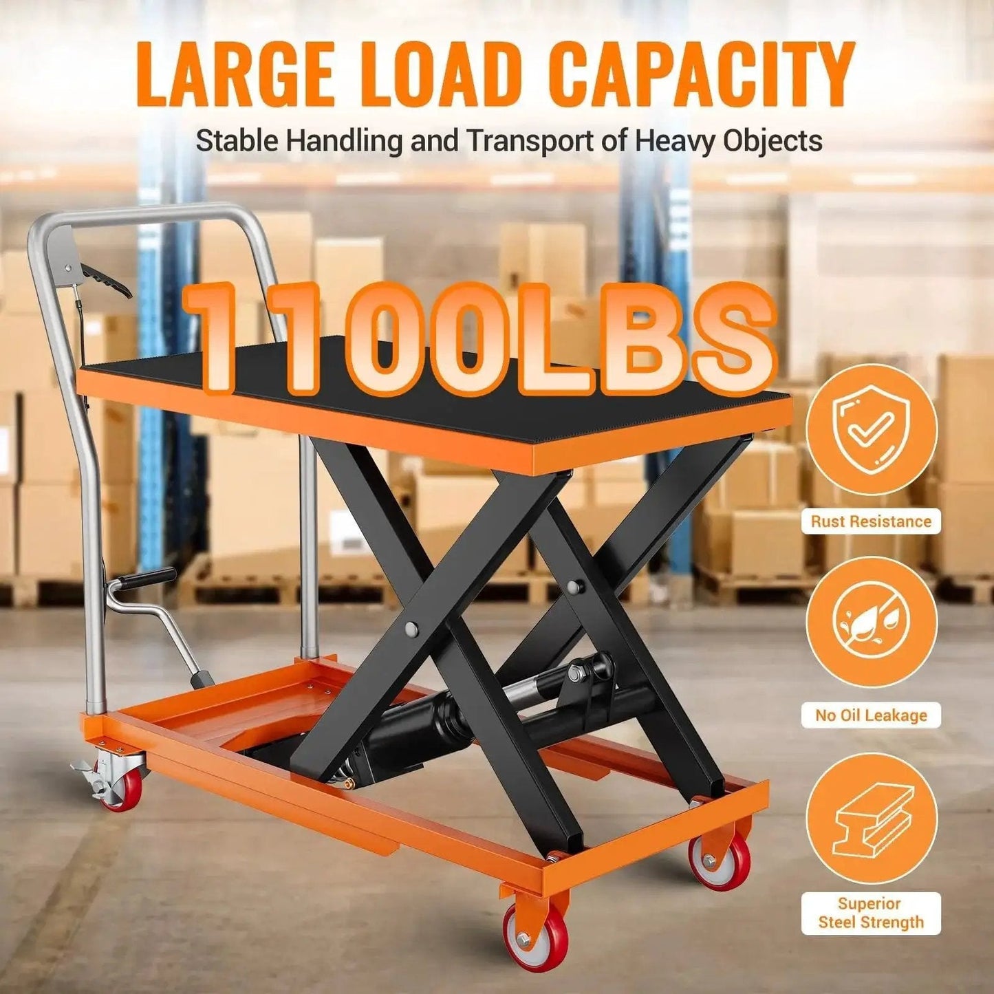 Side view of 1100 Lbs Lift Table Cart With Locking Wheels And Non Slip Pad 28.5 In Height, showing sturdy steel frame and orange accents.