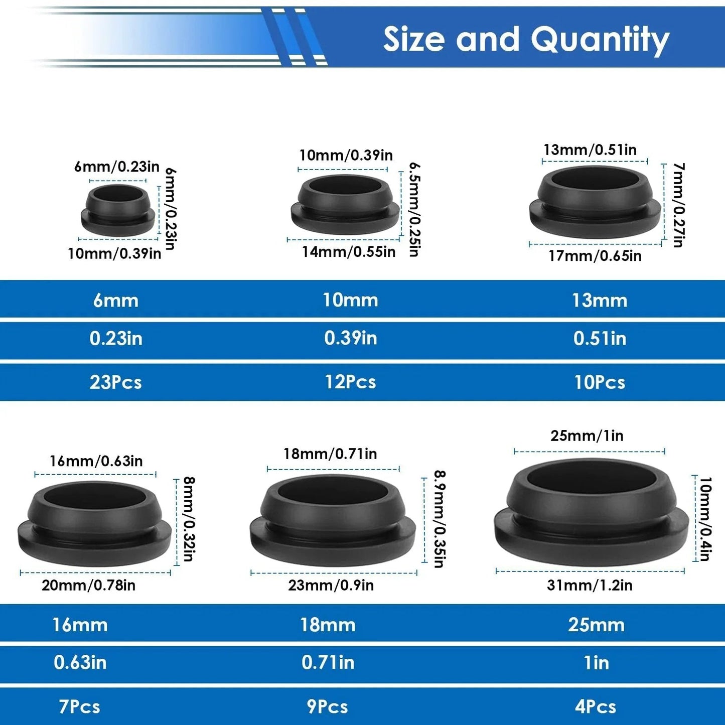 Size chart of 65 Pcs Rubber Plugs For Round Holes Set In 6 Sizes Including One Inch Three Quarters Inch Five Eighths Inch One Half Inch