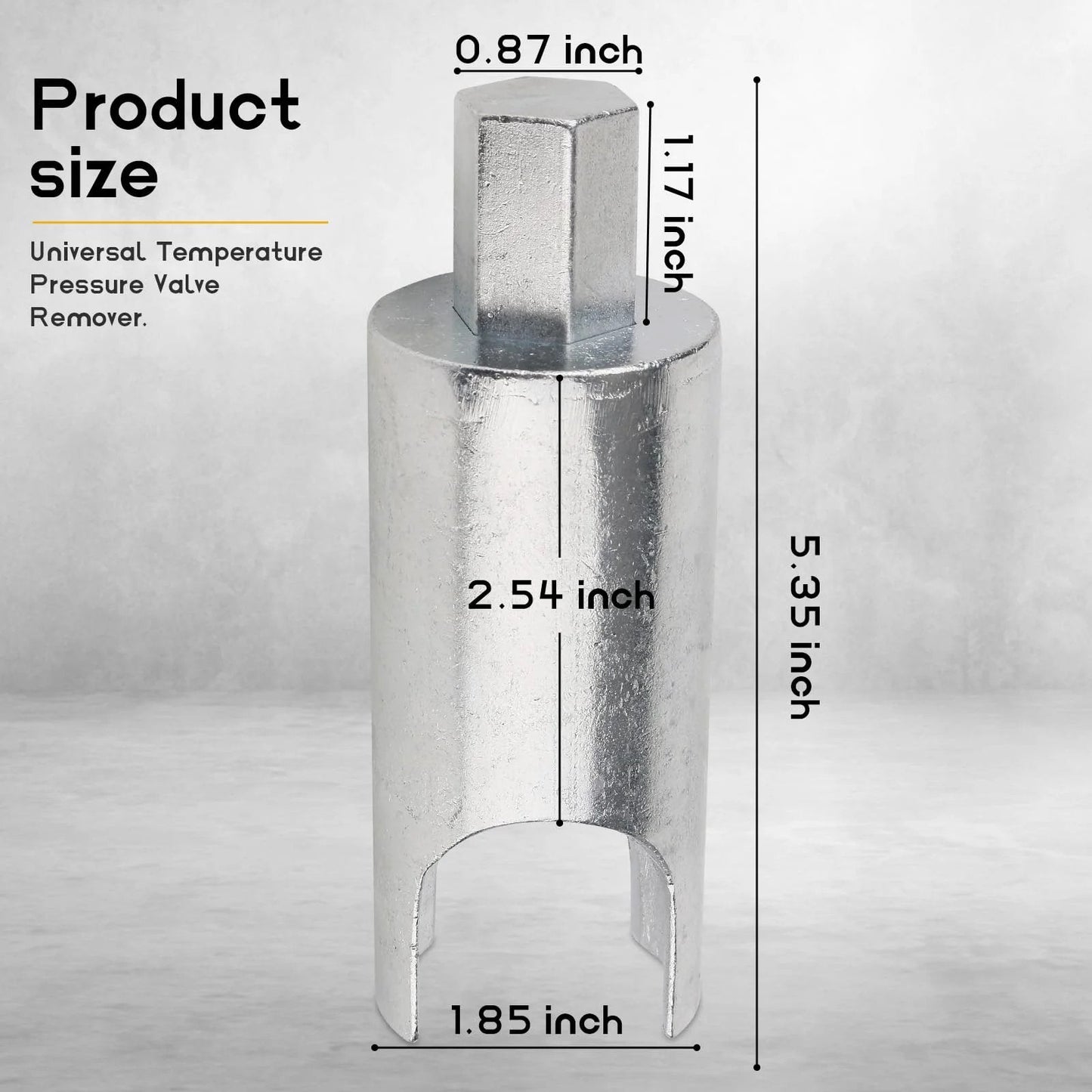 Front view of RV Water Heater Pressure Valve Remover Tool For Seven Eighths Inch Wrench Fits Most RV Water Heaters Pro Grade Durable Steel Construction Built To Last Through Tough Jobs GGTE with dimensions labeled.