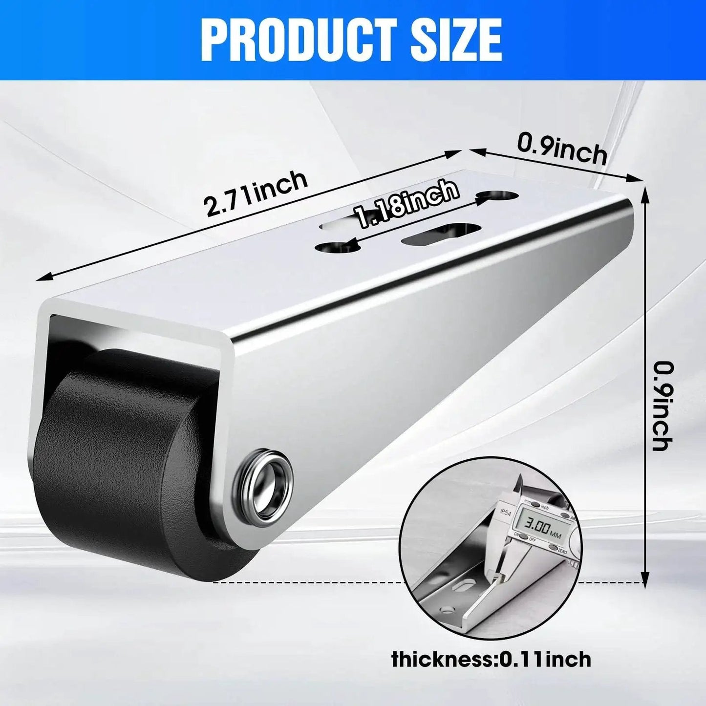 Dimensions of 4 Pack Rubber Swivel Gate Caster Wheels Replacement Kit with non-slip caster wheel, showing thickness and size.