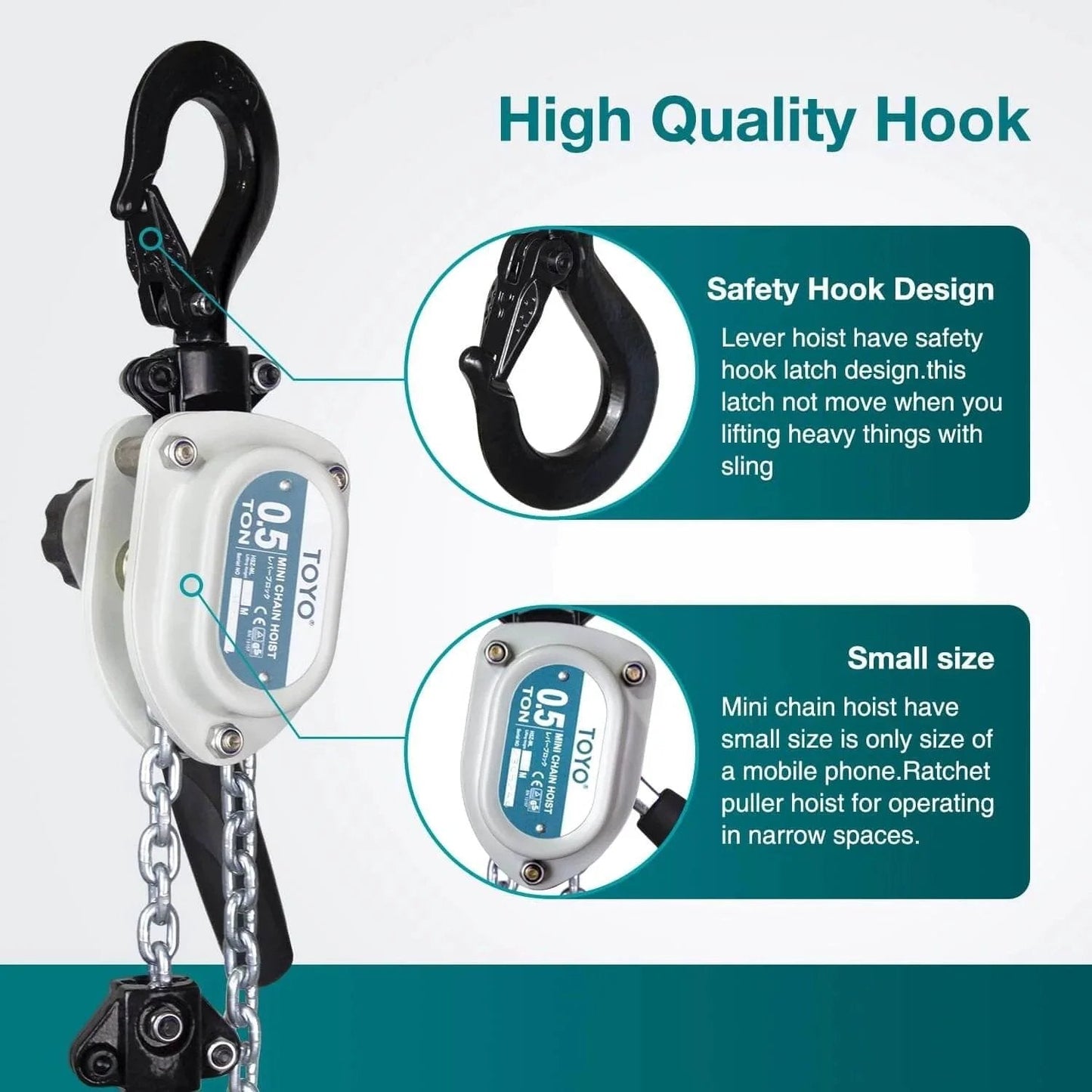 Close-up of Mini Chain Hoist 1100Lb Manual Lever Hoist One Half Ton Mini Puller 10Ft with safety hook and compact design