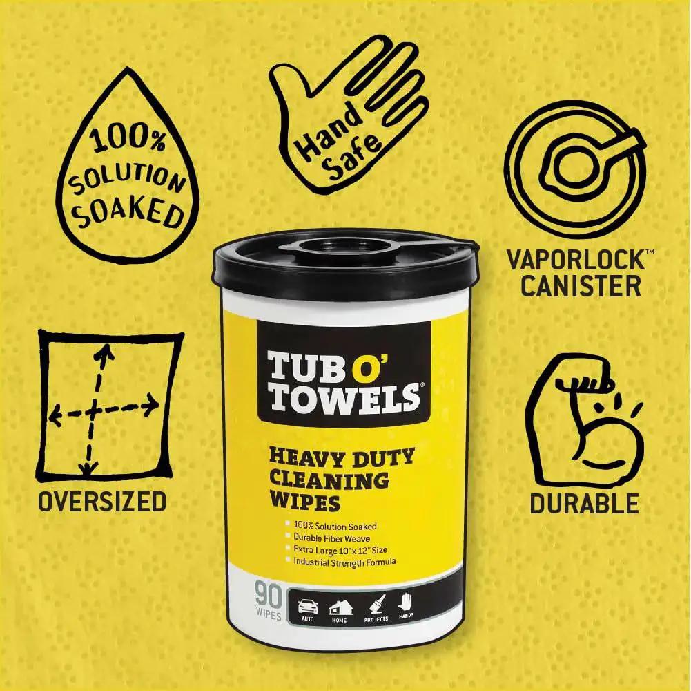 Canister of Heavy Duty 10x12 Cleaning Wipes for Multi Surface Cleaning, shown with features like hand safe and vaporlock canister.