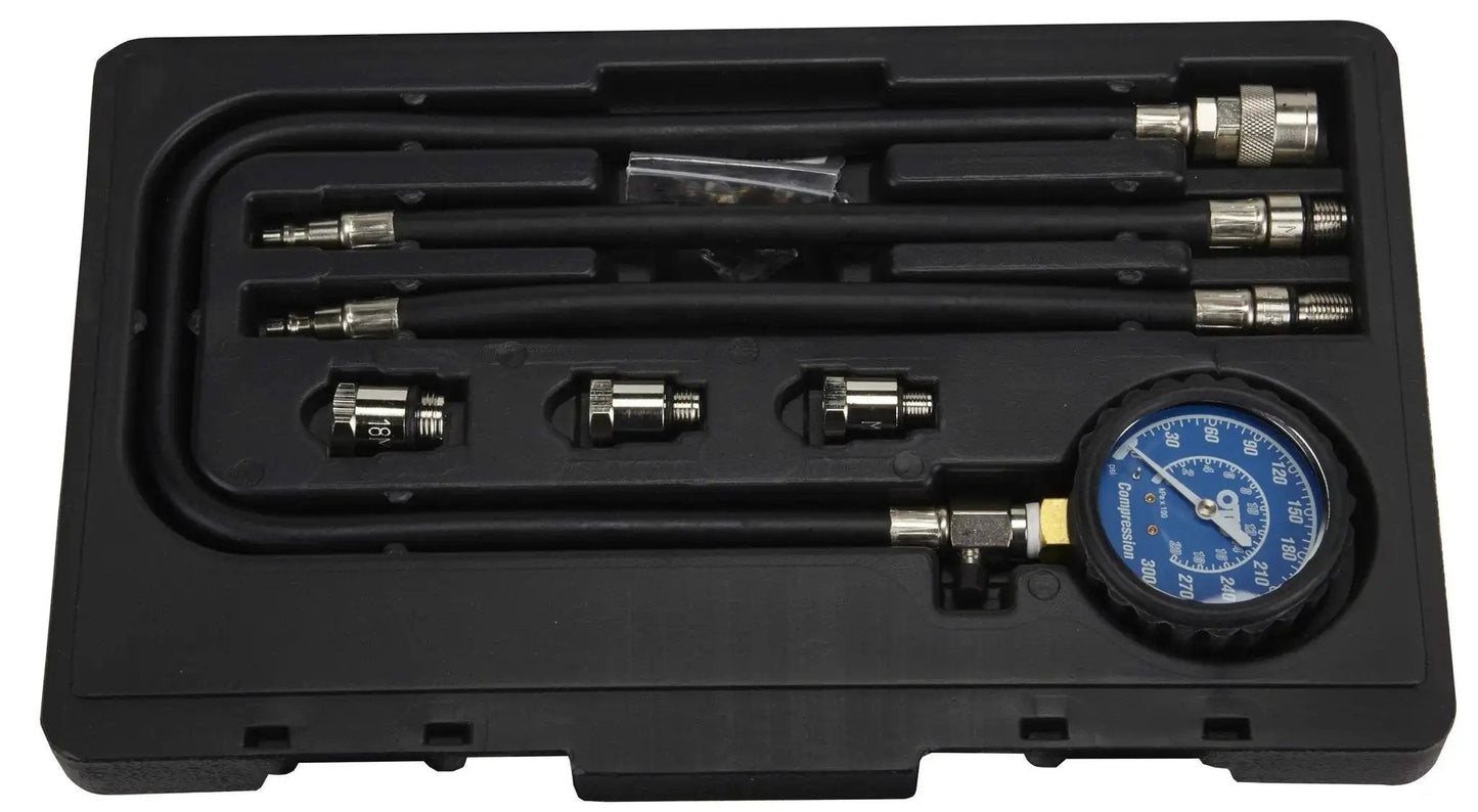 Engine Compression Tester Kit With 14mm Flex Probes And 10 12 18mm Adapters in case, includes gauge and adapters