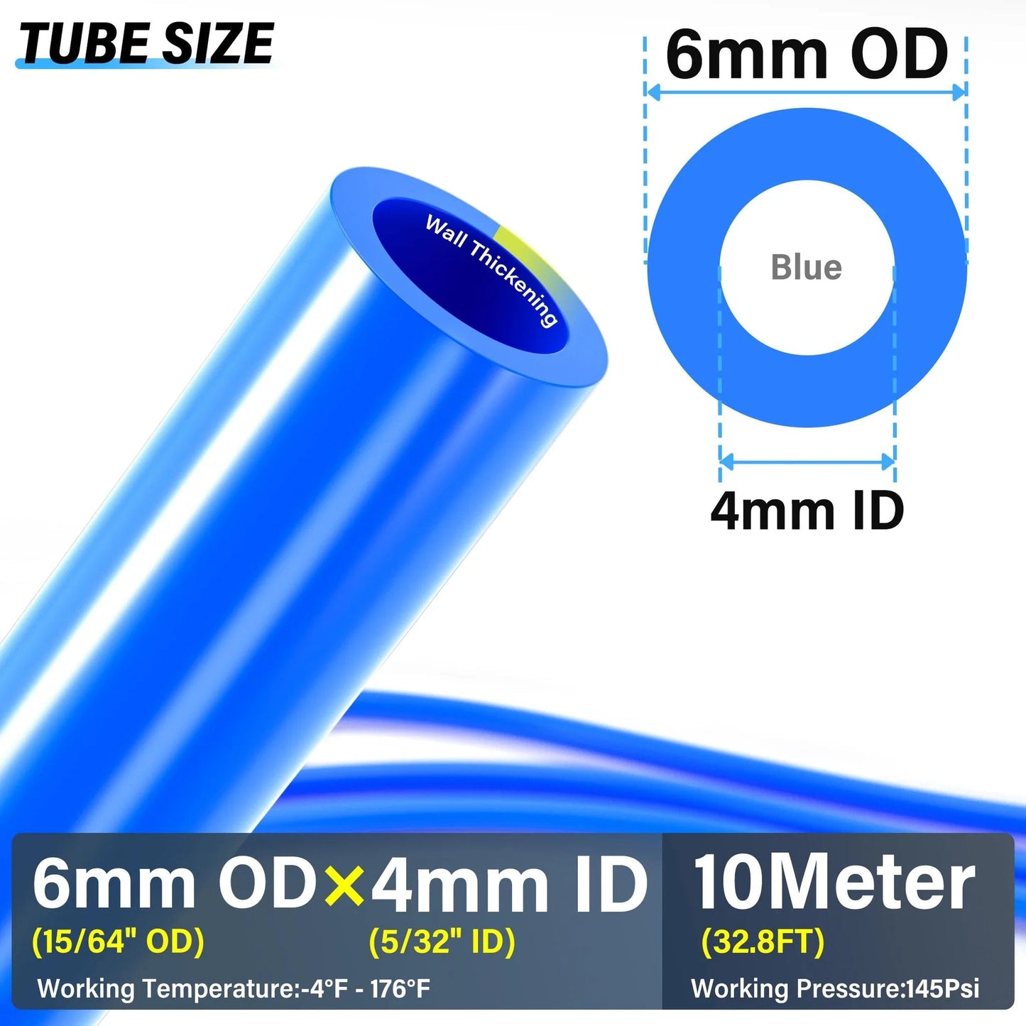 Blue 6mm OD 4mm ID polyurethane air hose kit with 10 meter length and specifications details