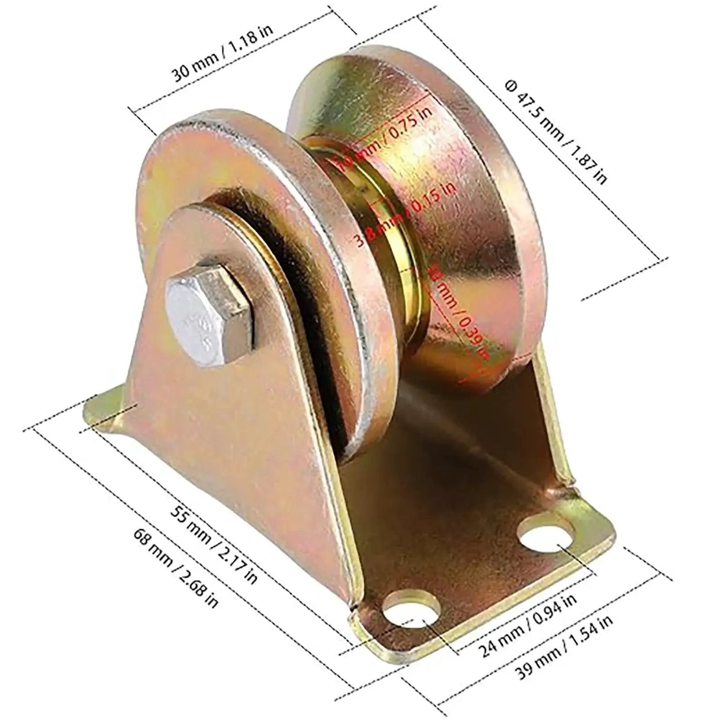 Side view of Built Tough 2 Inch V Groove Wheel with dimensions, heavy-duty steel caster for sliding gates and industrial machines.
