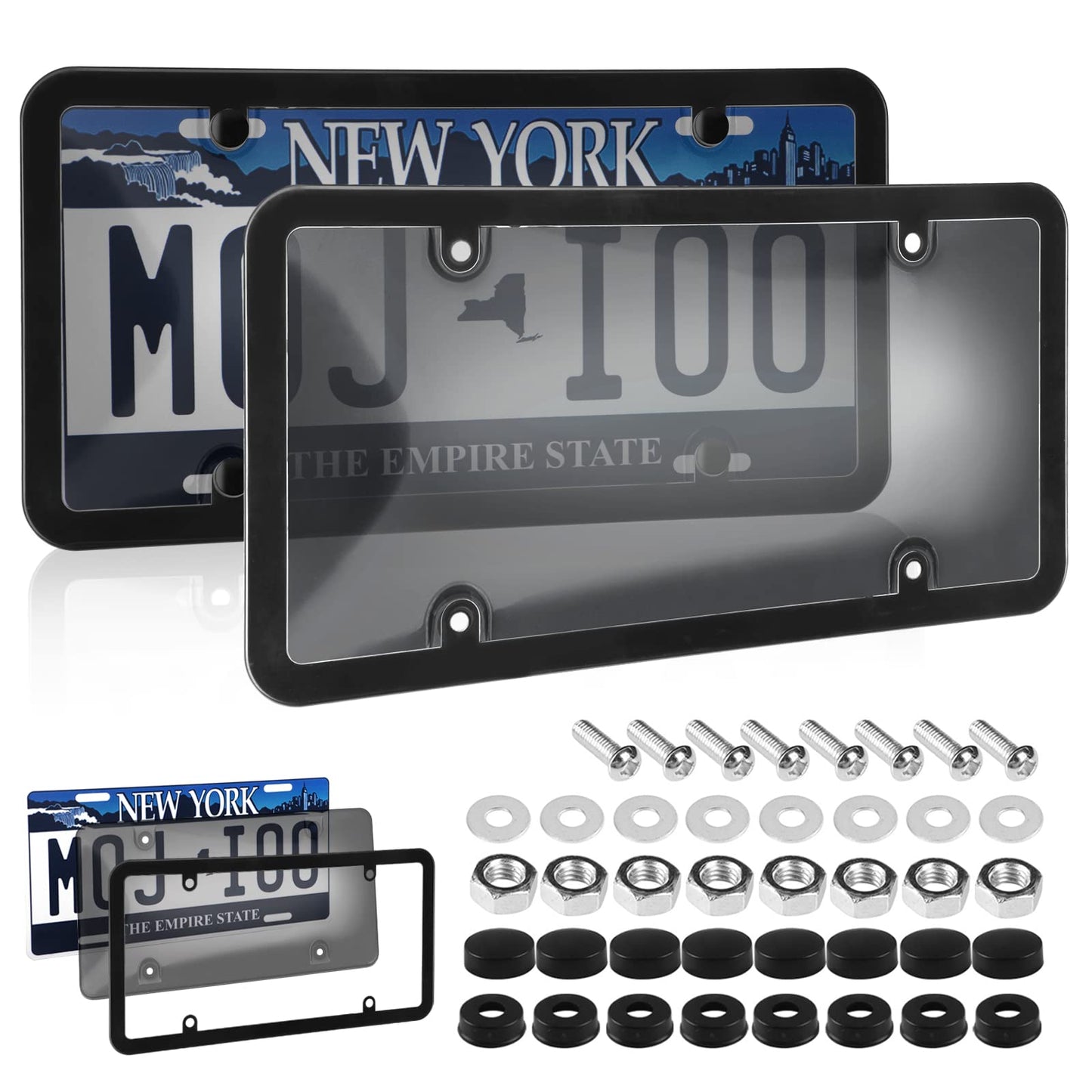 2 Pack Smoked License Plate Covers And Frame Shield Combo For Cars Slick Durable Unbreakable Tinted Cover Bubble Design Plate Holder With Screws And Caps Fits All Standard US Plates Black