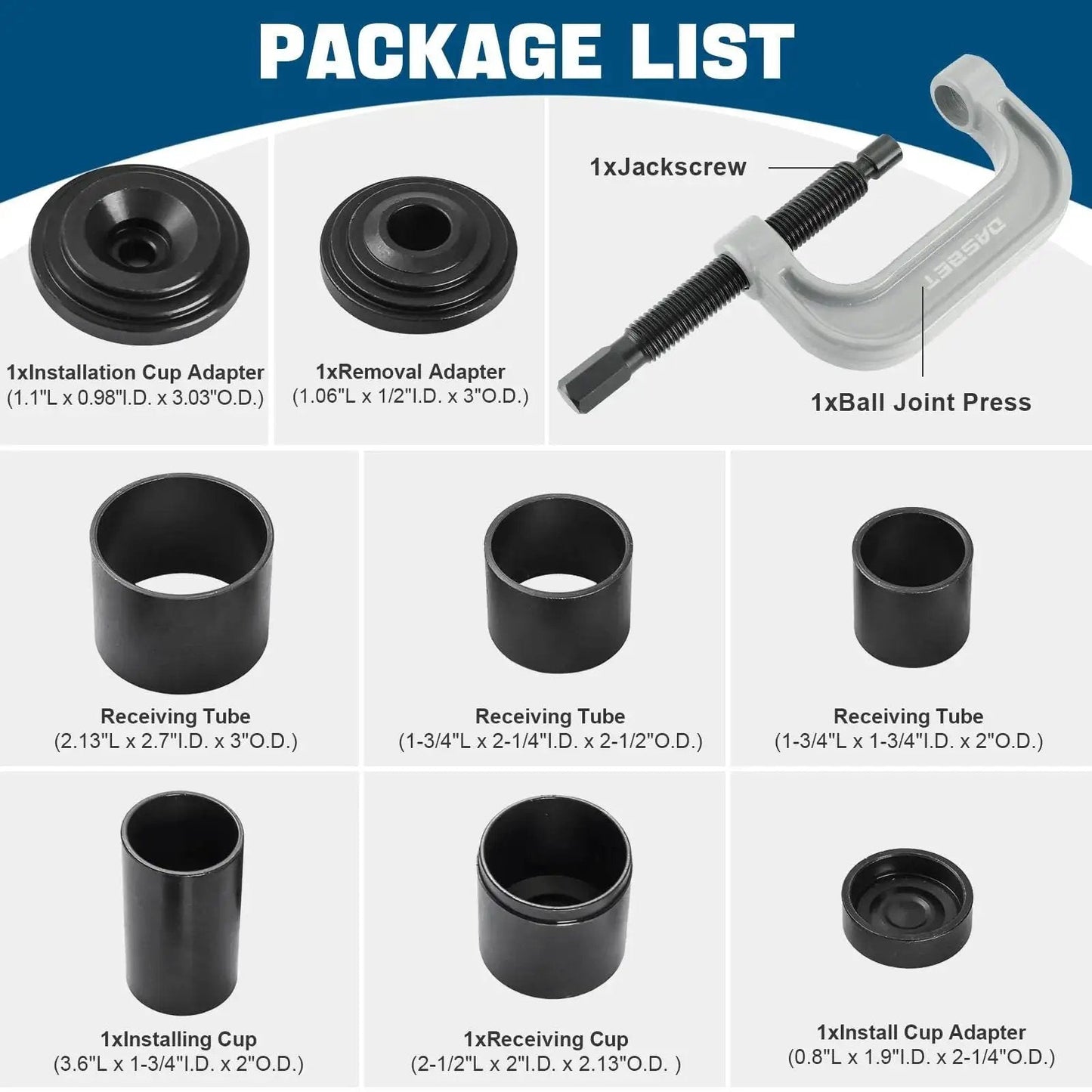 Ball Joint Press Kit Heavy Duty U Joint Tool Bushing Fits Cars Trucks 10 Piece with adapters and cups, shown with package list.