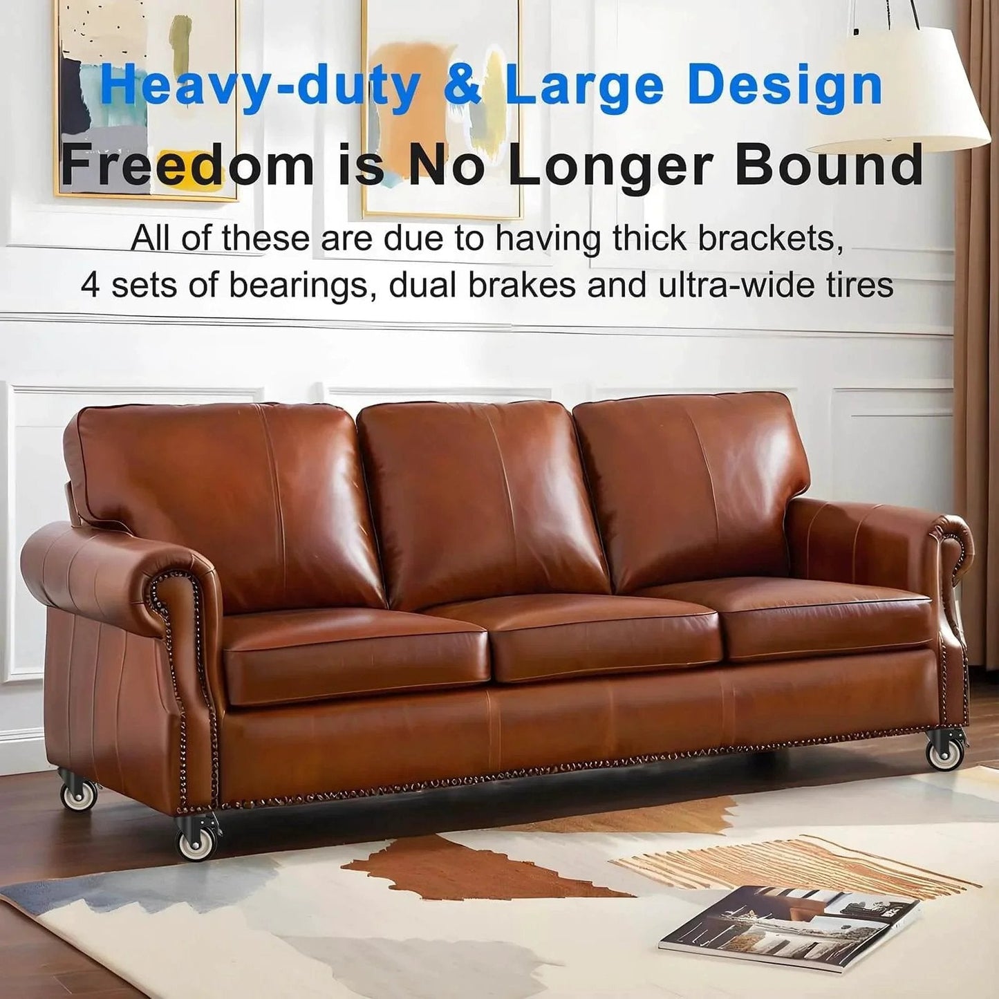 Brown leather sofa equipped with 4 inch heavy duty industrial caster wheels set of 4 with dual locking brakes, designed for easy mobility.