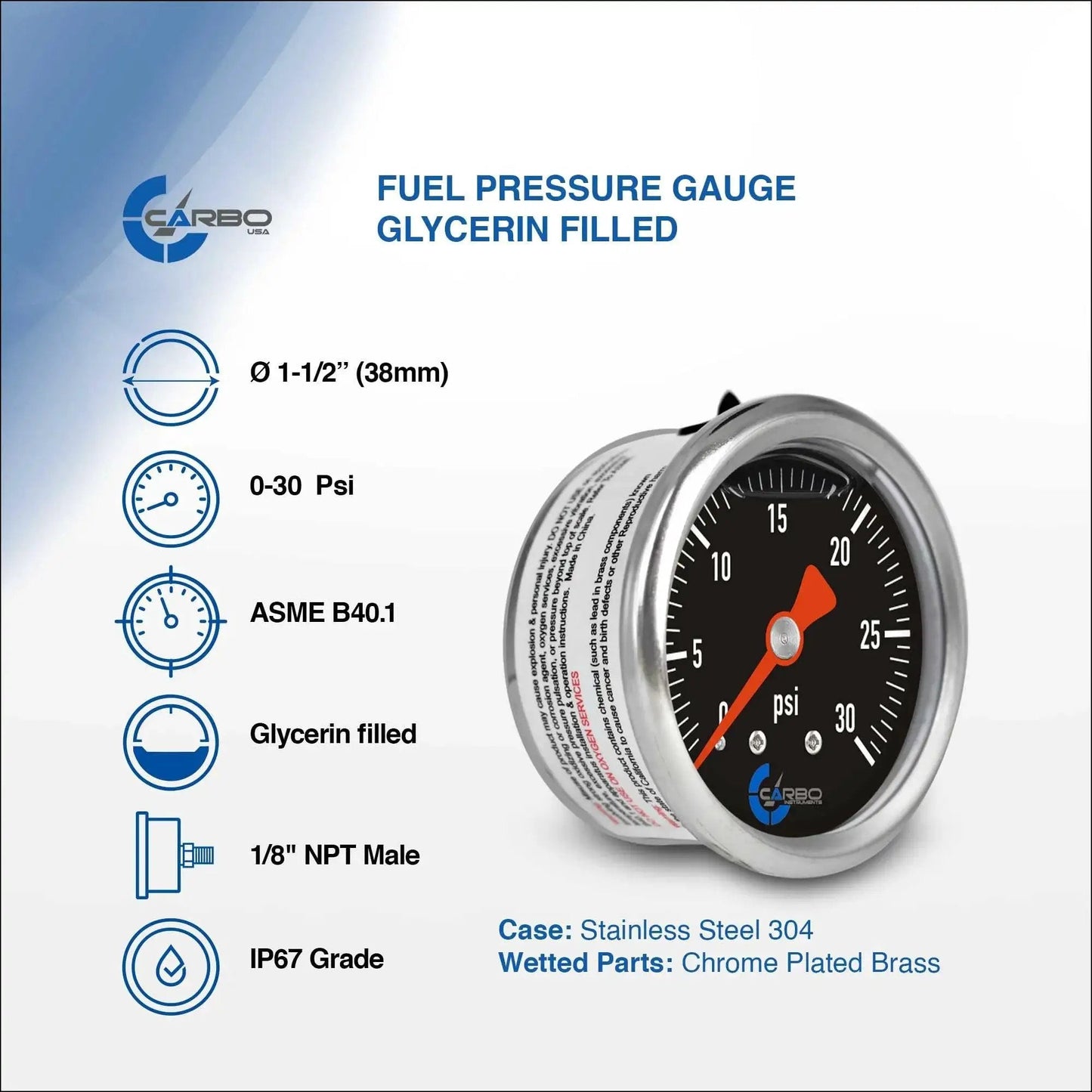 Heavy Duty Fuel Pressure Gauge For Vessels And Automotive Lines, 1 1/2 Inch Dial, Glycerin Filled, 0 To 30 Psi, Stainless Steel Case 304