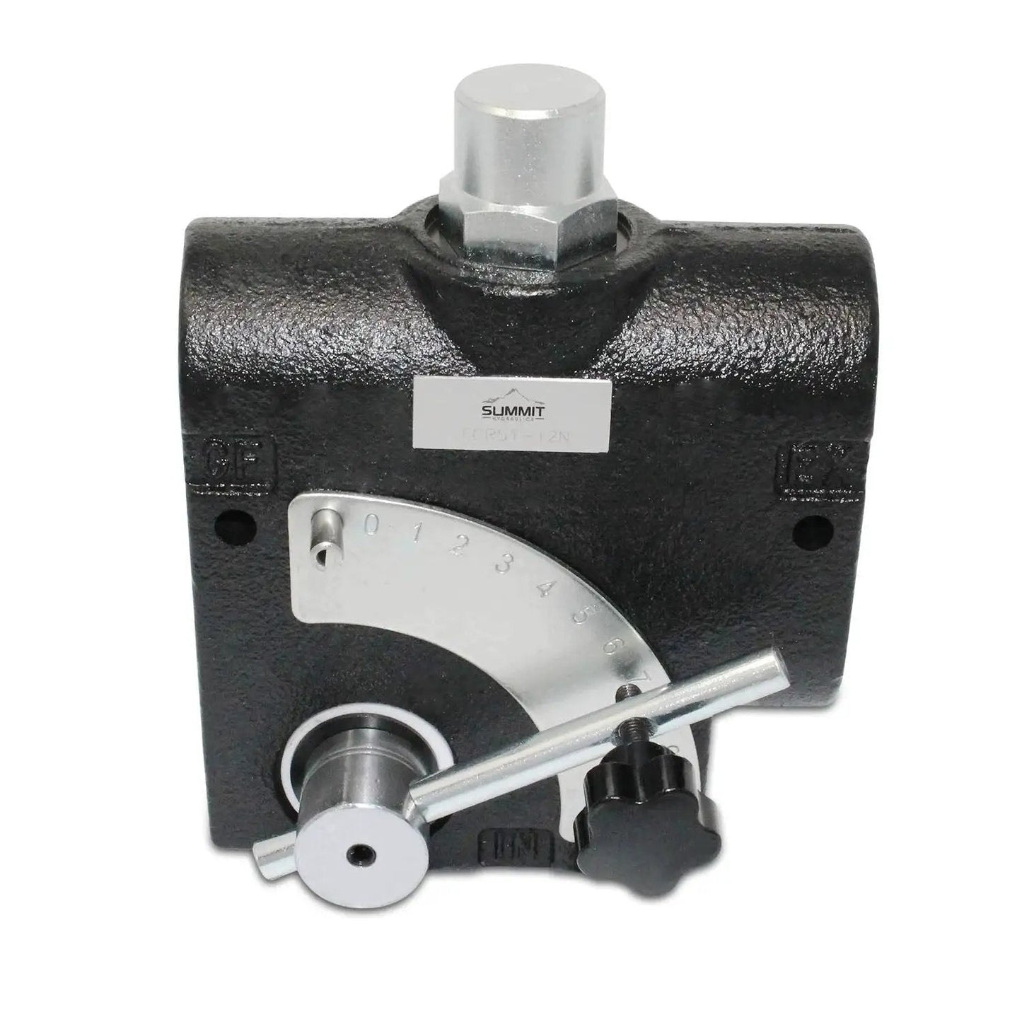 Front view of Adjustable Hydraulic Flow Control Valve with Relief for 0-30 GPM, 3/4 NPT port, black casing, pressure compensating.