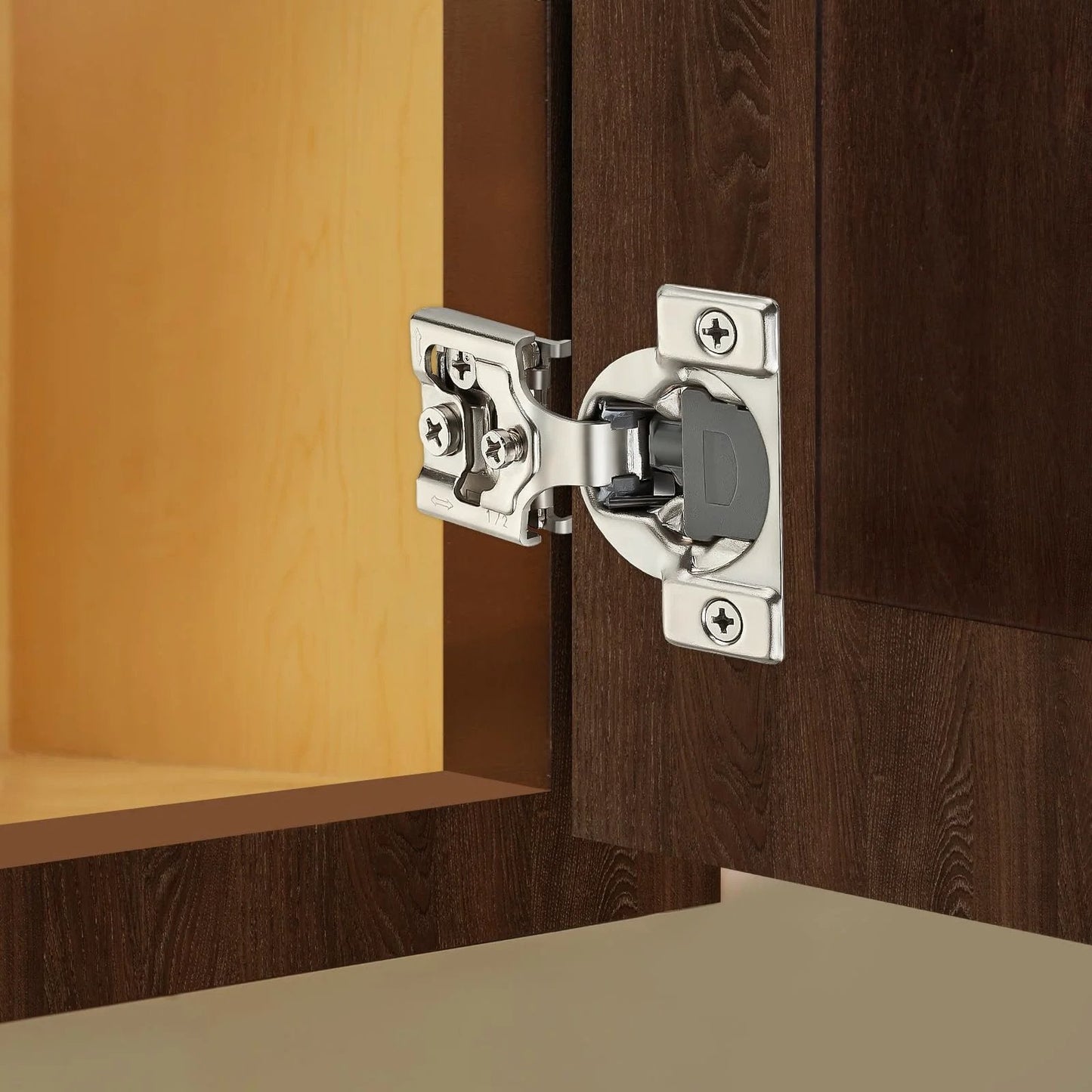 10 Pack Half Inch Overlay Soft Close Cabinet Hinges Satin Nickel Stainless Steel Concealed Hinges With 3D Self Closing for Face Frame Doors and Kitchens installed