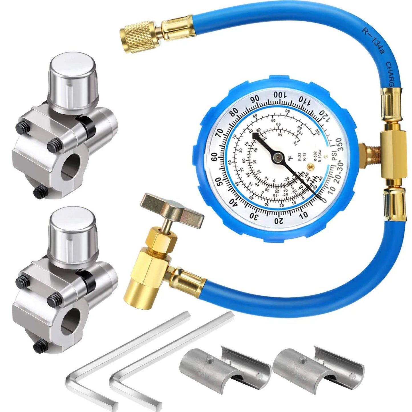 2 Pack BPV31 Piercing Tap Valve Kits For One Quarter Inch Five Sixteenth Inch And Three Eighth Inch OD Pipes With R134A Refrigerant Charging Hose And Gauge Connect To R12 R22 Ports Only 19 Inch Hose For Home Air Conditioning Refrigerant Refill