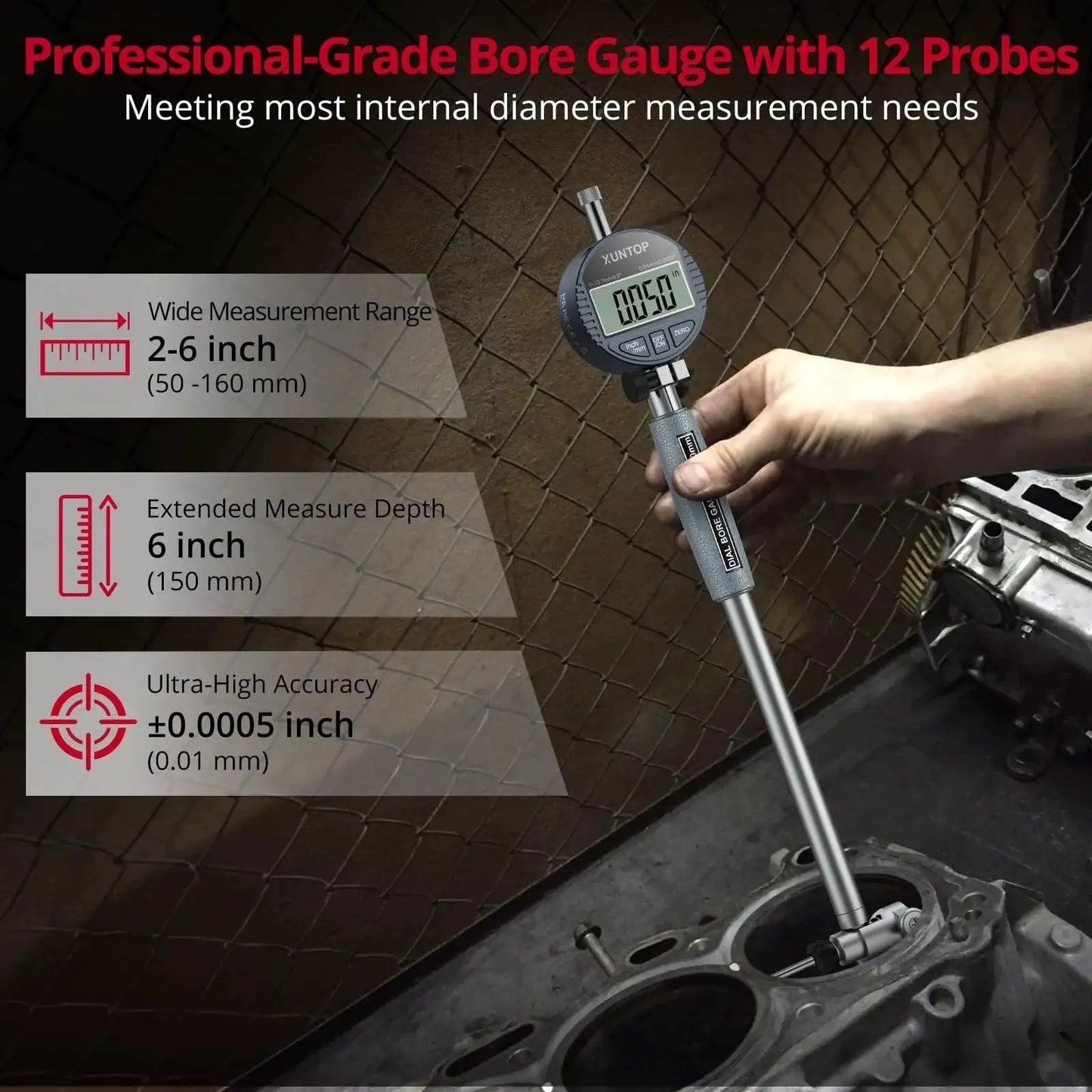 Digital Bore Gauge Set 2-6 Inch Range 50-160mm With LCD Display, 0.0005 Inch 0.01mm Precision used in engine cylinder
