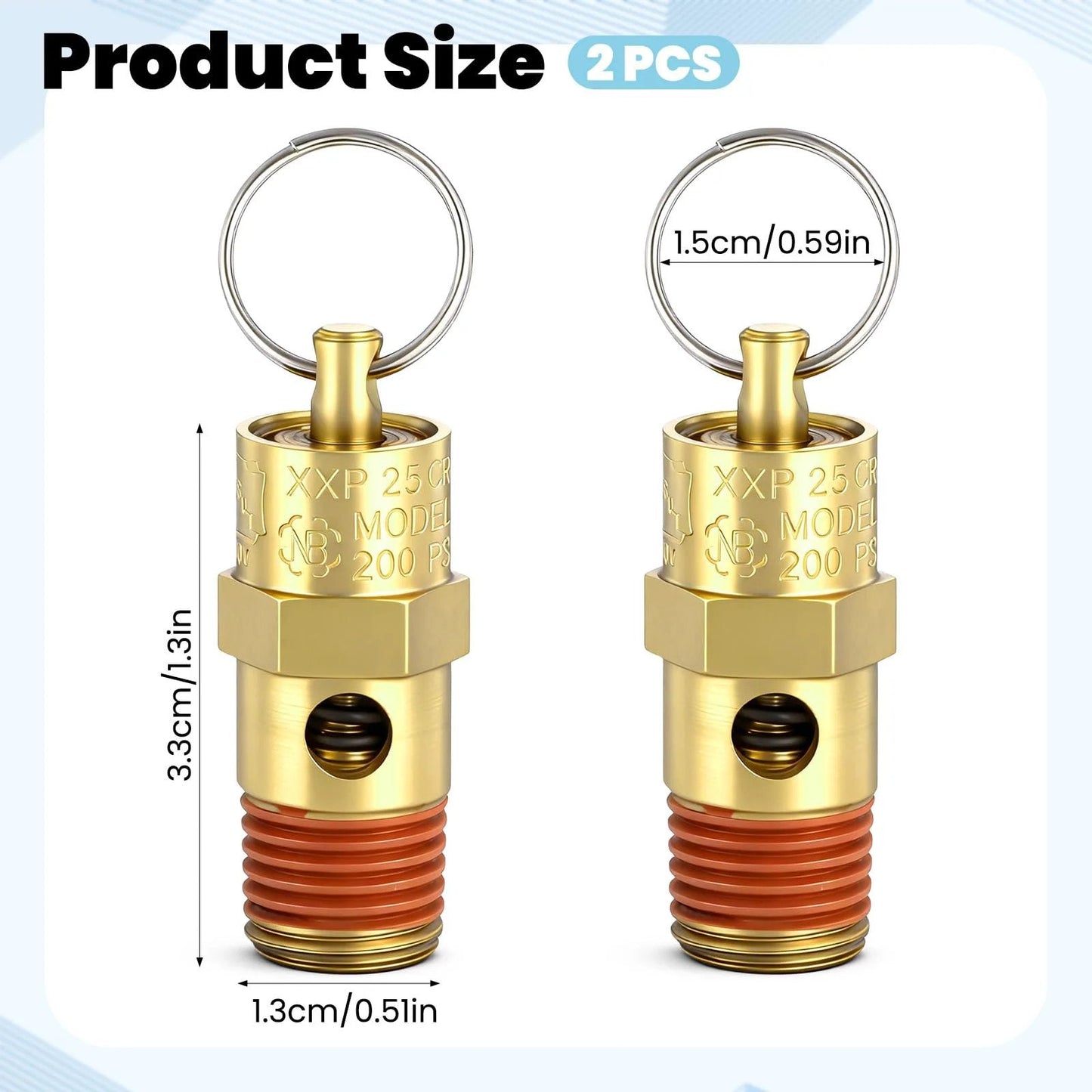 2 Pack One Quarter Inch NPT Air Compressor Check Valve With 200 PSI Pressure Relief Brass Safety Valves front view
