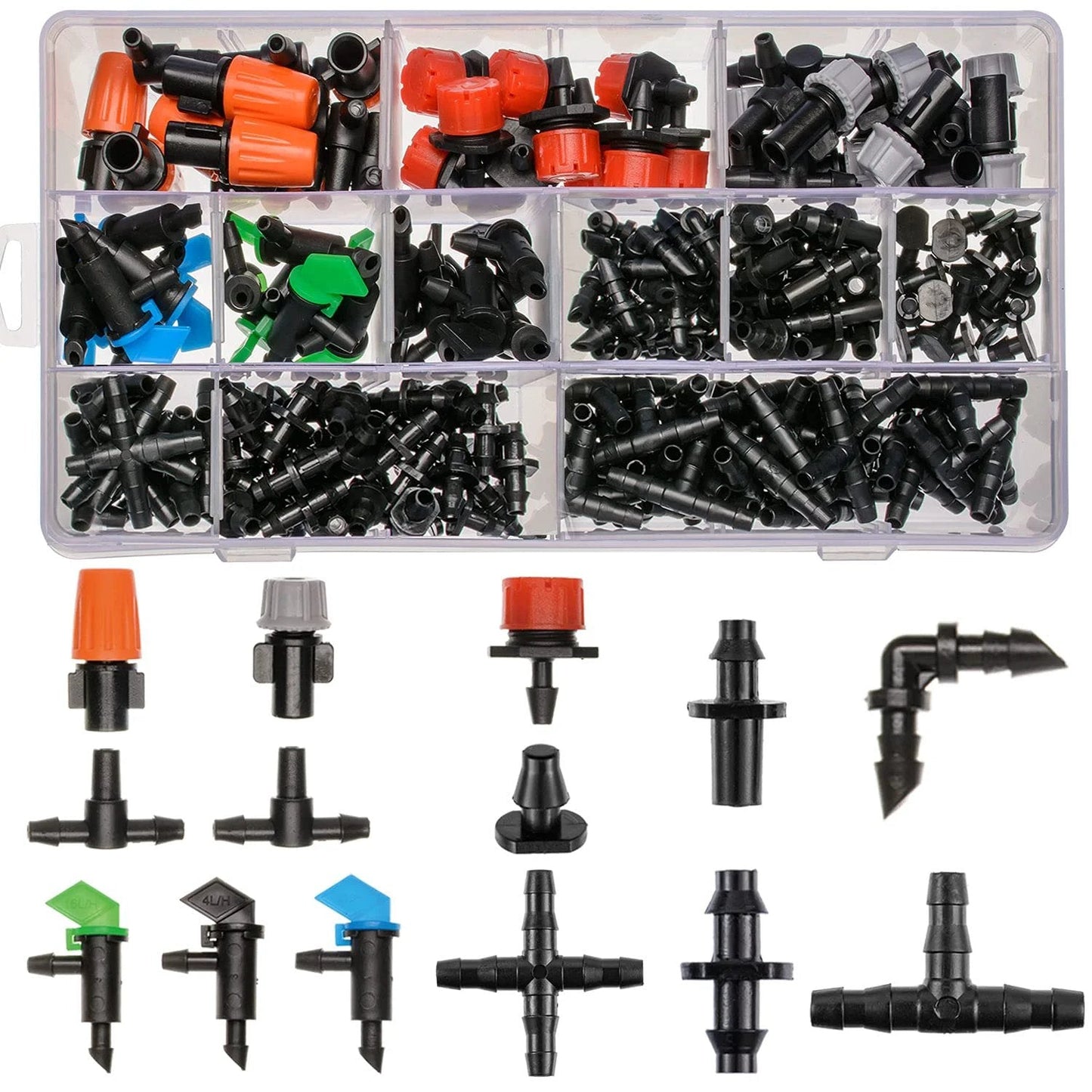204 Pcs Barbed Irrigation Fittings Kit For Drip System One Quarter Inch Tubing Includes Straight Barbs Tees Elbows End Plugs And 4 Way Coupling Easy To Store And Install No Tools Needed For Garden Pots Lawns And Flower Beds