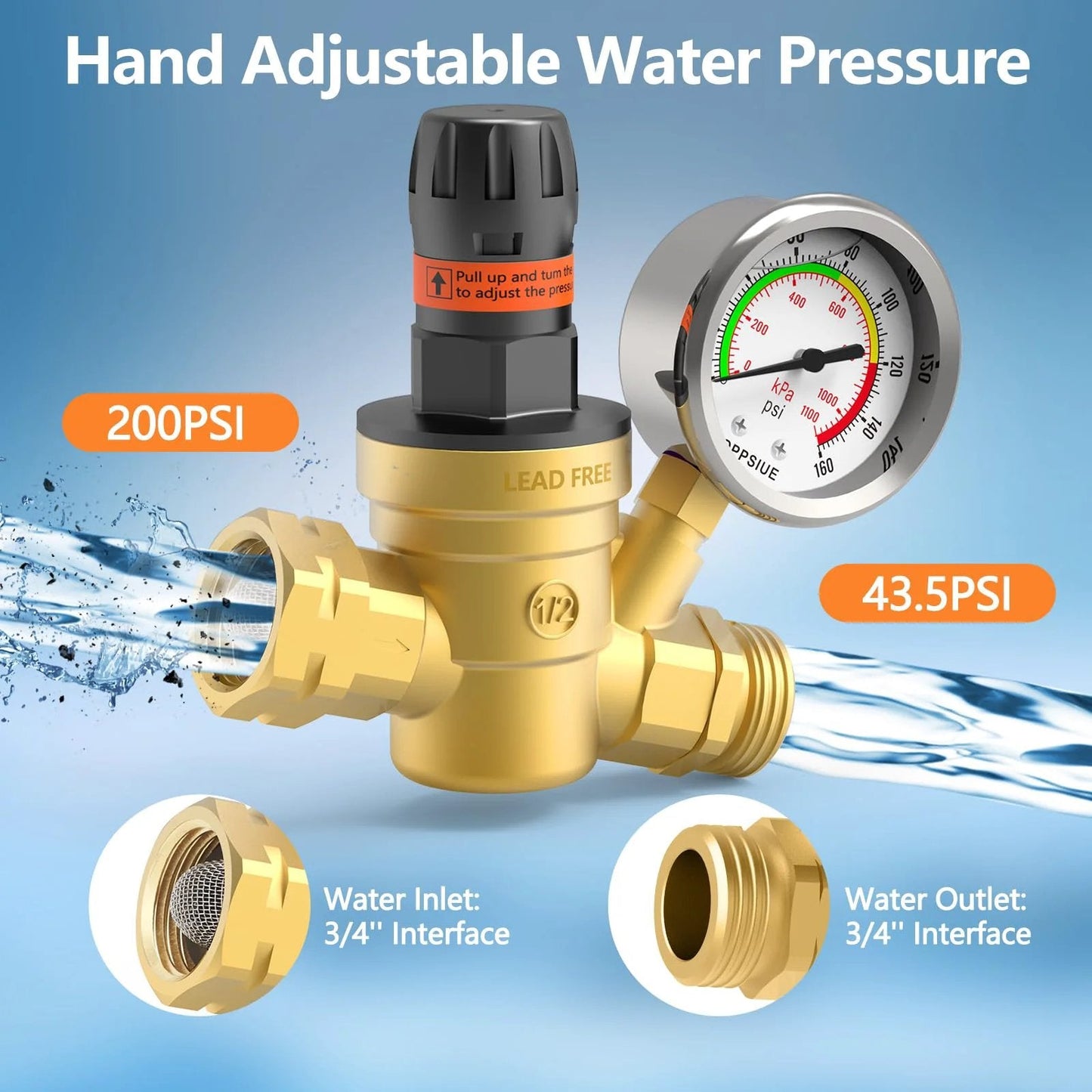 RV Water Pressure Regulator With Colorful Gauge And Hand Adjustable Knob Lead Free Brass Reducer With Inlet Screen Filter NH Thread