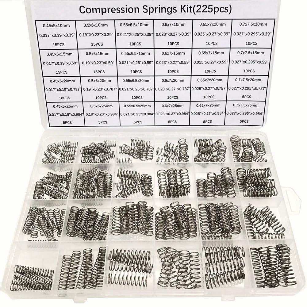 225 Piece Compression Spring Assortment Kit With 24 Stainless Steel Small Springs In 24 Different Sizes For Home Tool Repair And DIY Machine Shop Projects
