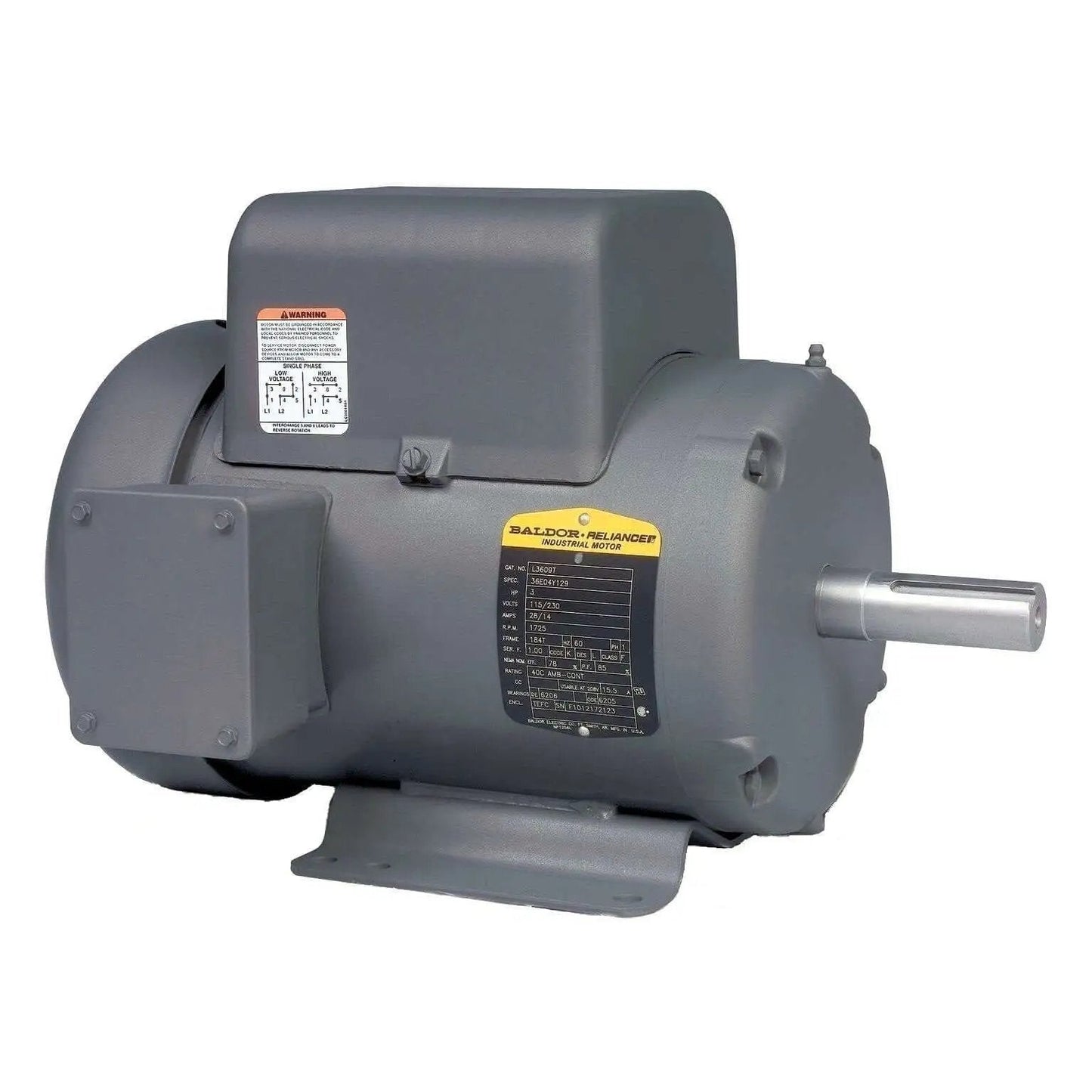 Single-unit 3 HP 1-Phase TEFC AC Motor, 184T Frame, 1725 RPM, 115/230V, 60Hz, Sealed Ball Bearing