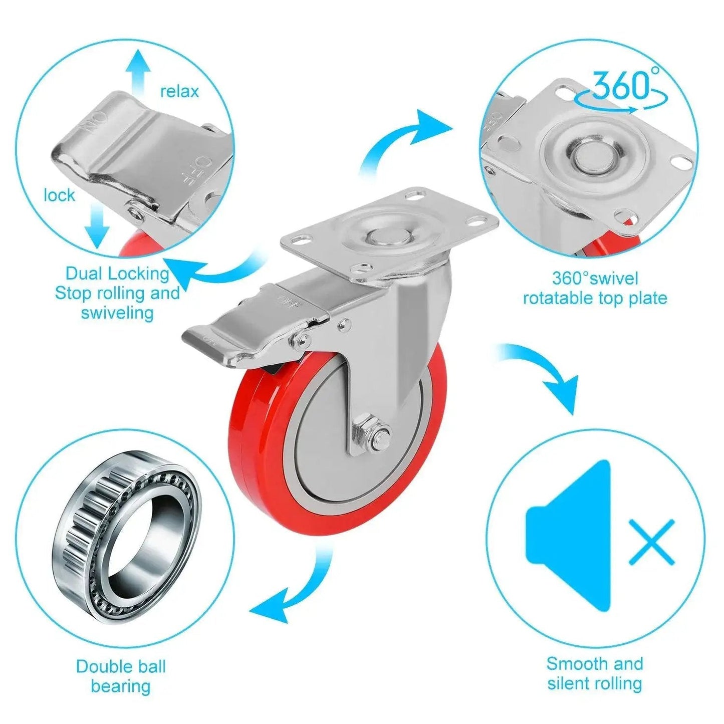 Heavy-duty 5 inch plate caster wheel with dual lock brakes, swivel top, and no noise feature, for carts and equipment.