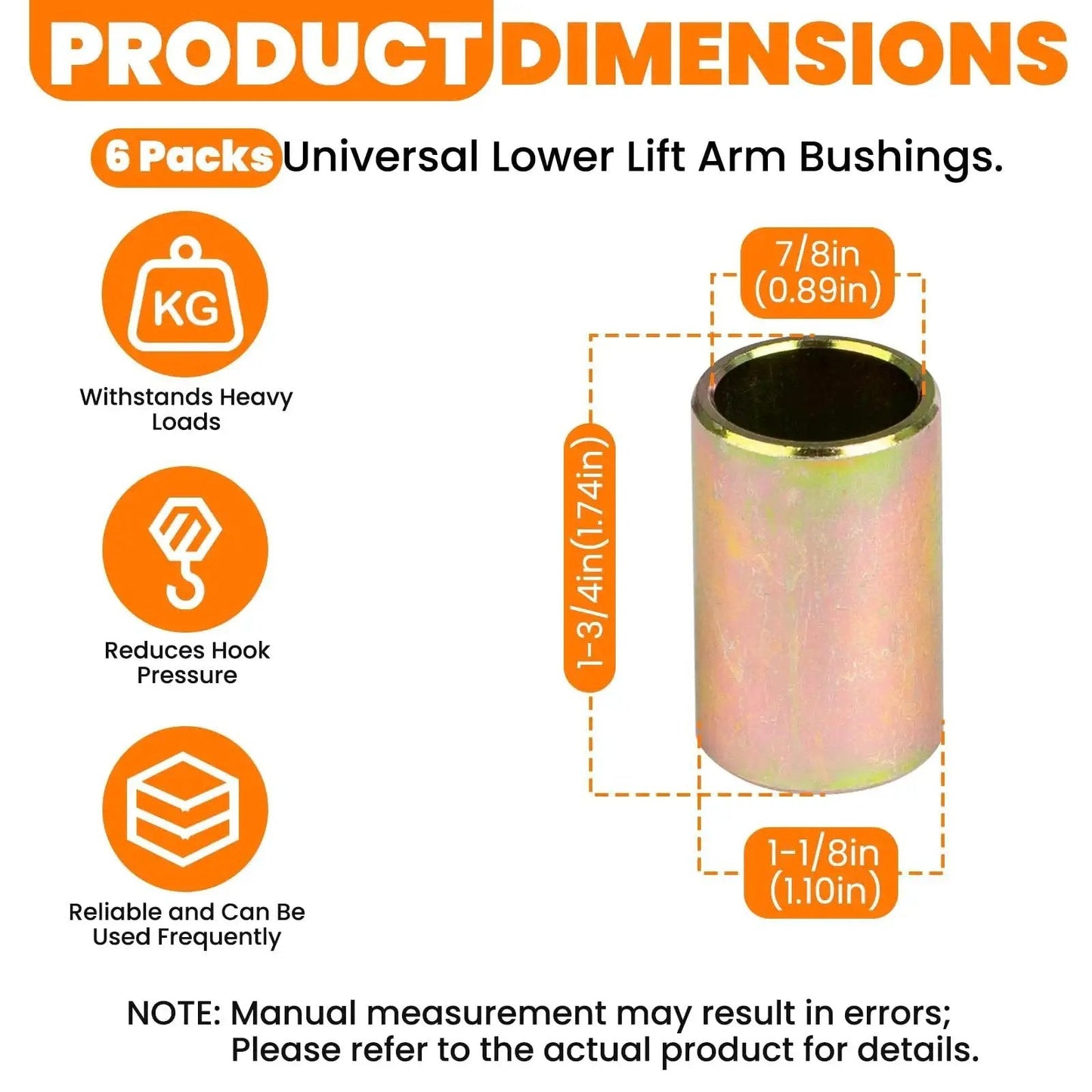 Six Pack Universal Lower Lift Arm Bushings For Cat II To I Hitch Systems Quick Hitch Bushing Set 302910 30291E1 product dimensions