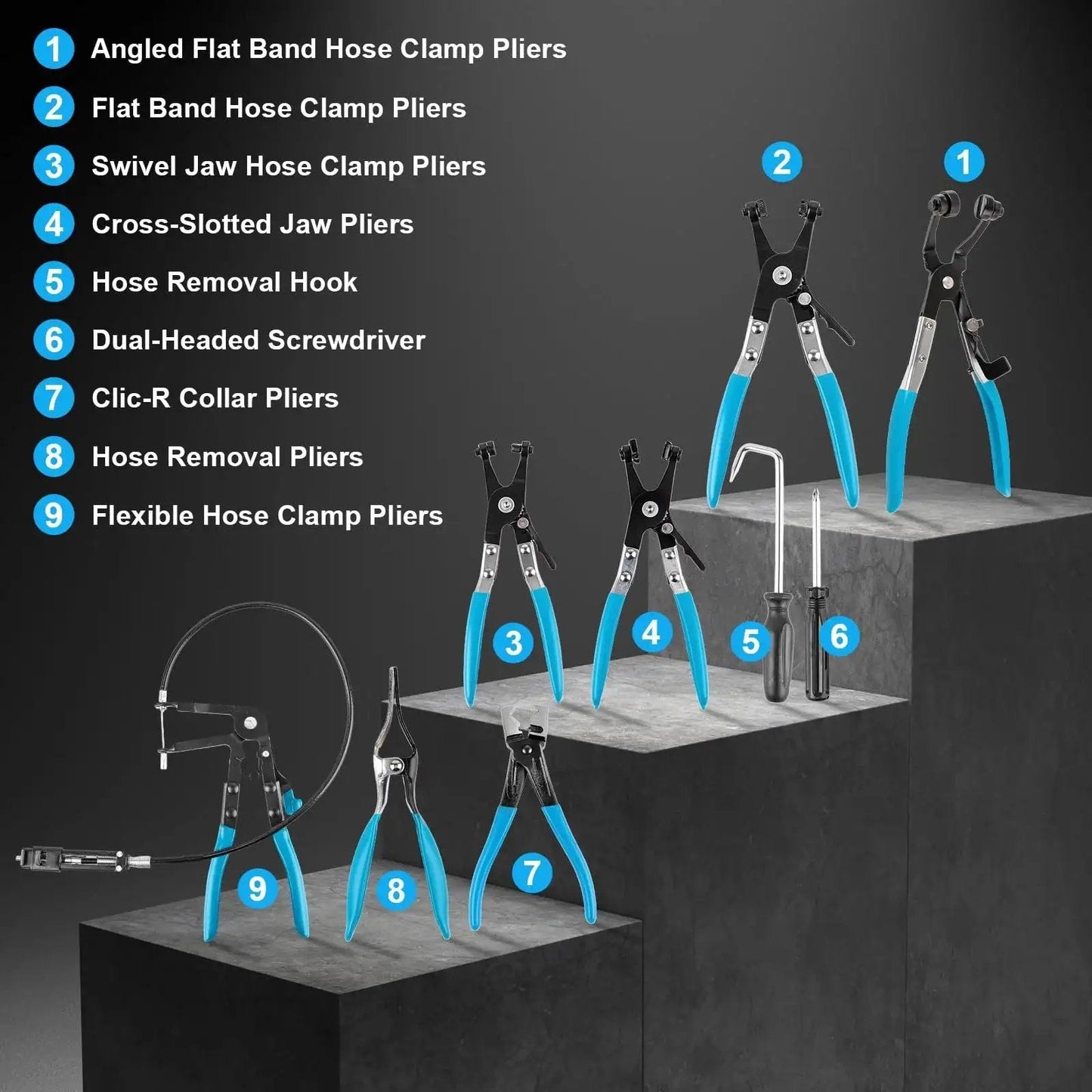 9 Piece Hose Clamp Pliers Set With Long Reach Flexible Cable And Swivel Jaw displayed with all tools on steps