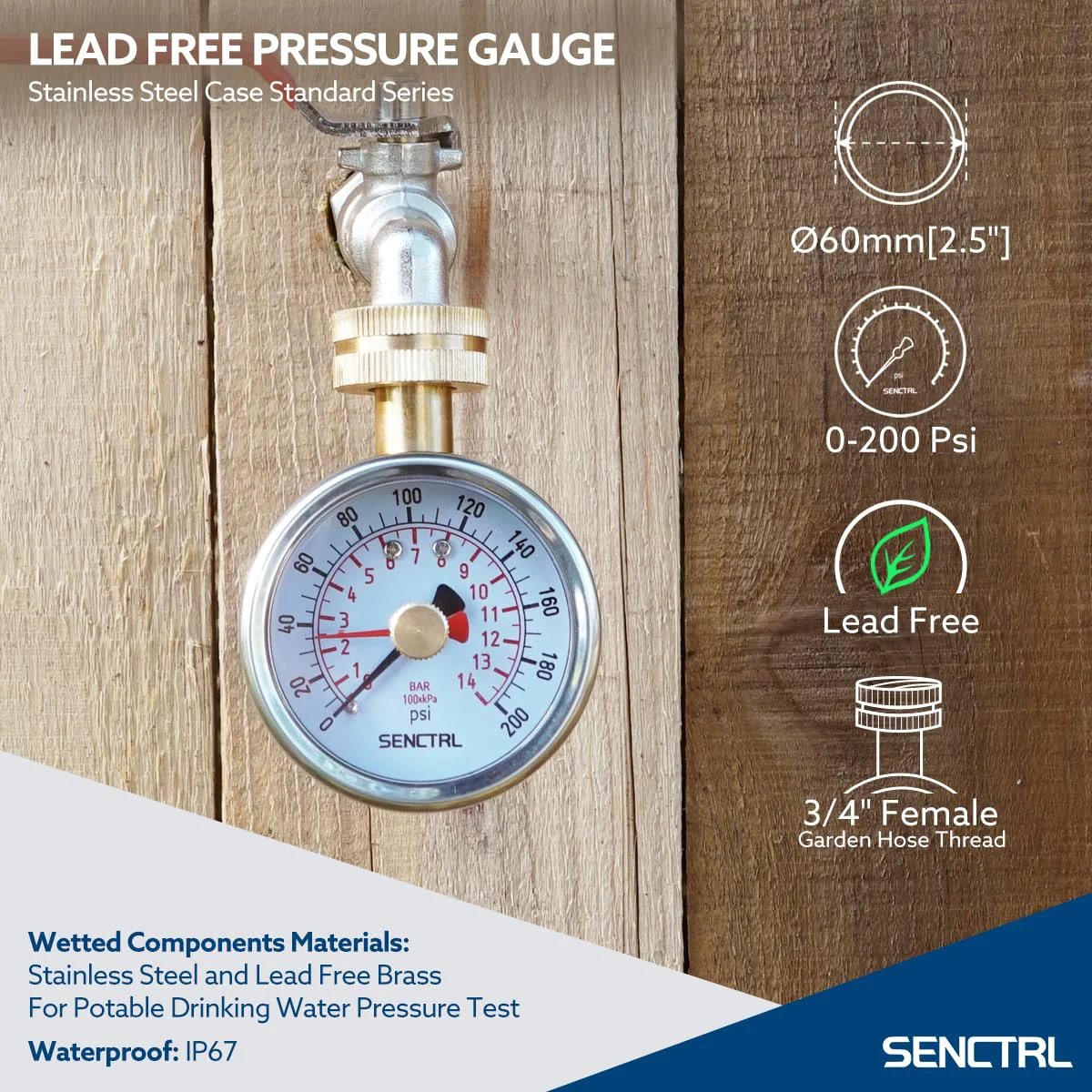 Water Pressure Gauge For Home Use 0-200 PSI With 2.5 Inch Dial Lead Free Stainless Steel Case IP67 Waterproof 3/4 Inch Female Garden Hose Thread Ideal For Potable Water Systems And DIY Home Plumbing, shown installed on a wooden surface