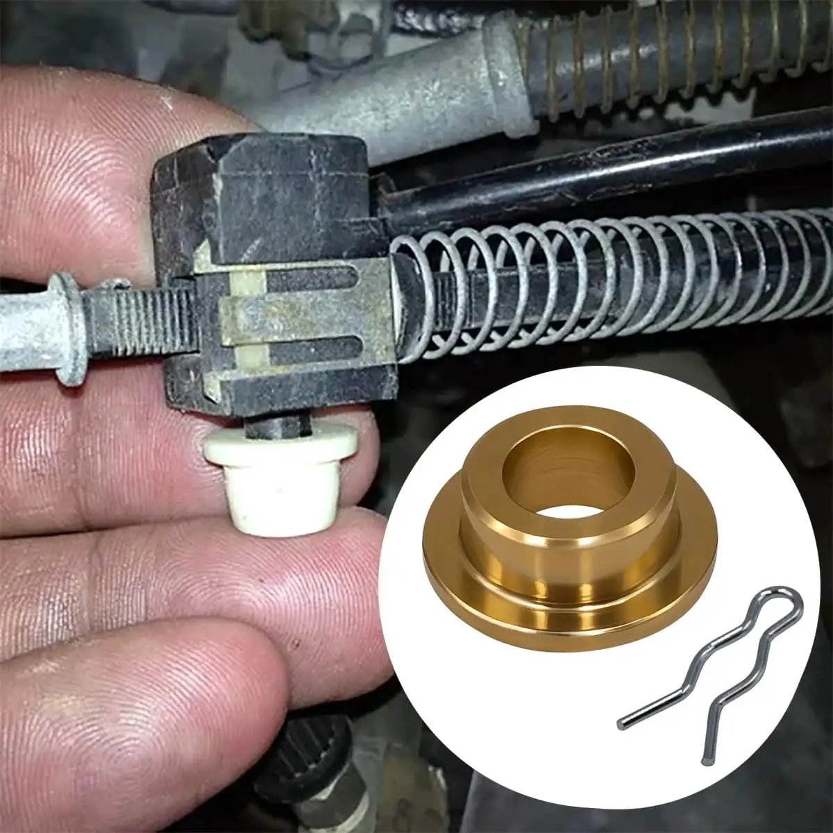 AOD Transmission Throttle Valve Linkage TV Cable Brass Grommet Bushing Upgrade Kit For Ford Mustang 1987 To 1993 And Lincoln Town Car 1987 To 1992 With Durable Brass Bushing Replacement Part Numbers F3SZ7H303B And F3SZ-7H303-B shown in use and separately