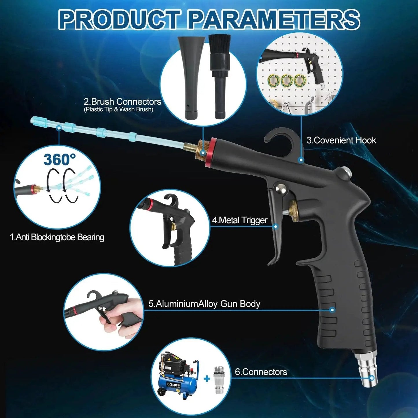 Tornado Car Cleaning Gun with aluminum alloy bearing nozzle, two attachments, and detail brush for dry detailing, shown with various features.