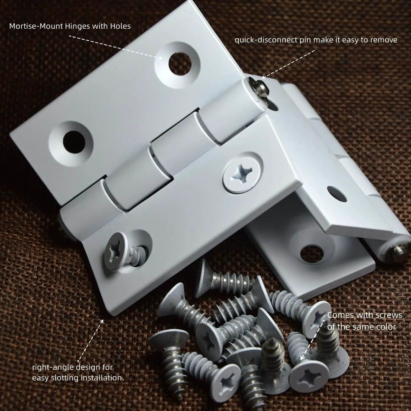 Whisper Quiet Two Point Five Inch Aluminum Door Hinges Four Pack For Cabinets Windows And Furniture Doors With Plastic Bushings Heavy Duty Mortise Hardware Low Dust Reduction, showing white hinges with screws on brown background.