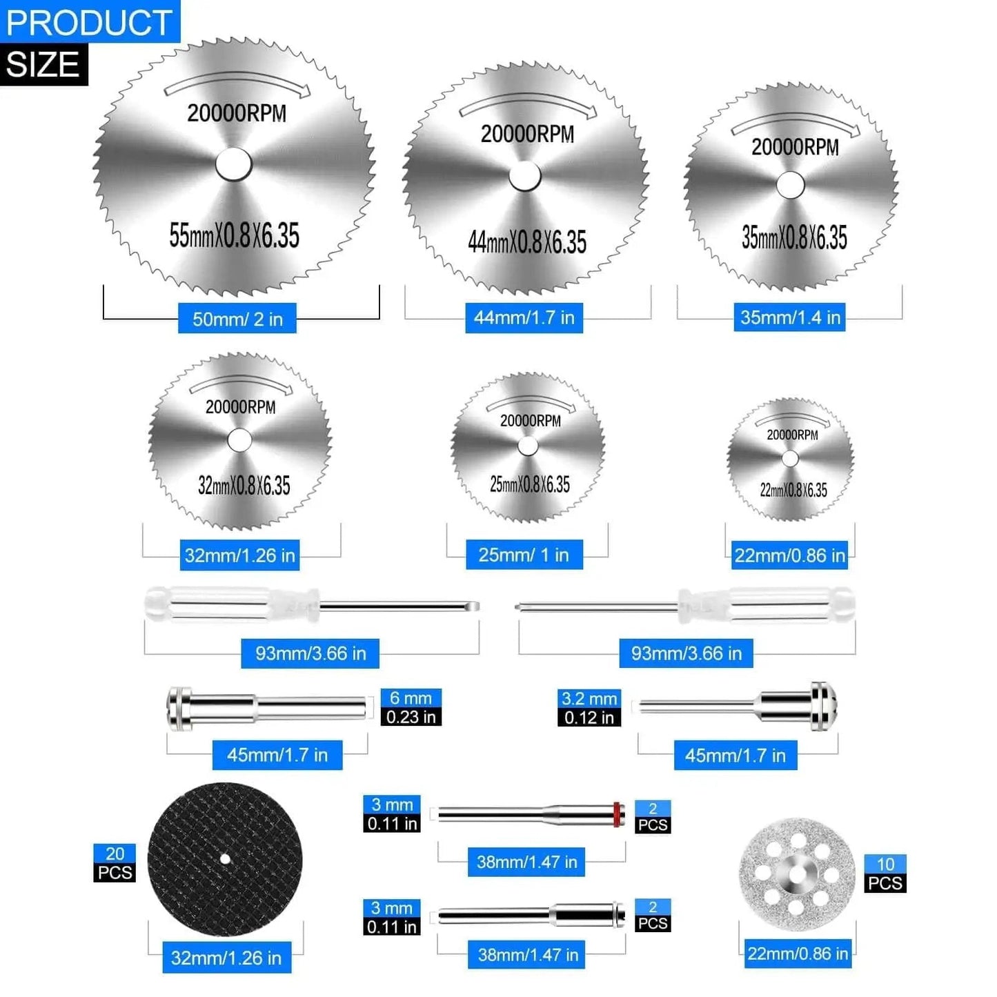All In One 44 Piece Cutting Wheel Kit For Dremel Rotary Tools From Auxiren with HSS saw blades and diamond cutting discs displayed.