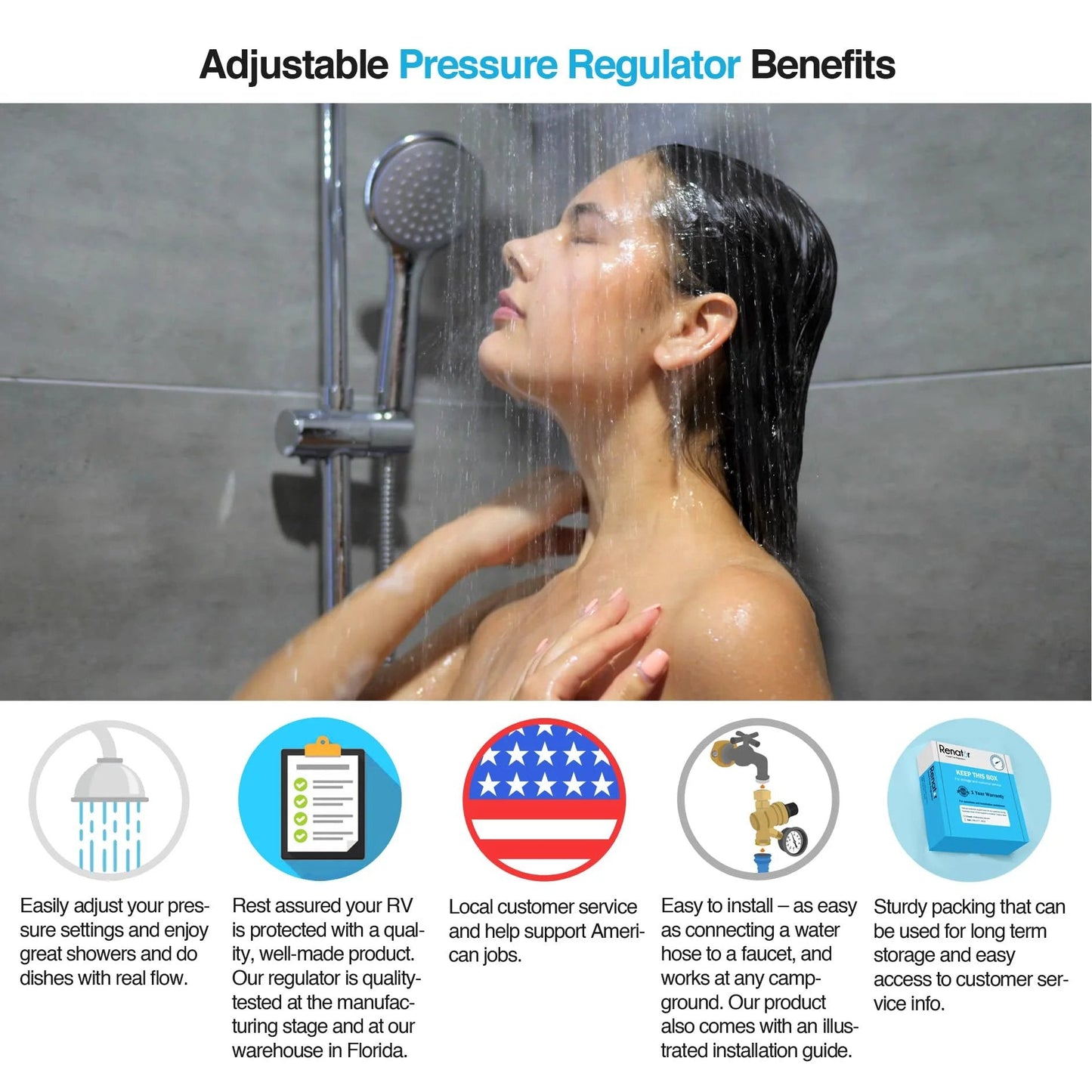 Person enjoying shower with adjustable water pressure, infographic highlights benefits of brass RV pressure regulator with gauge