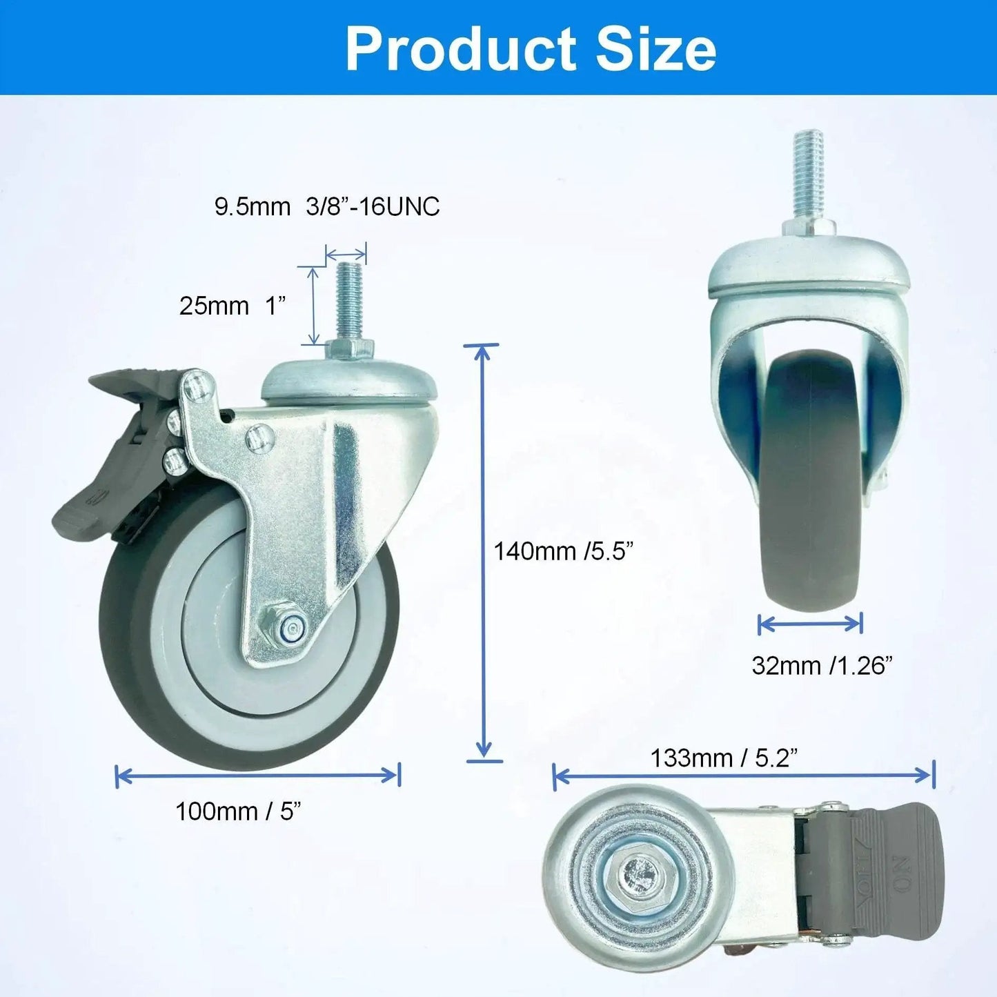 Product size diagram of 4 Inch Swivel Caster Wheels Heavy Duty With Nylon Brake Set Of 4 TPR Rubber Wheels for hospital use