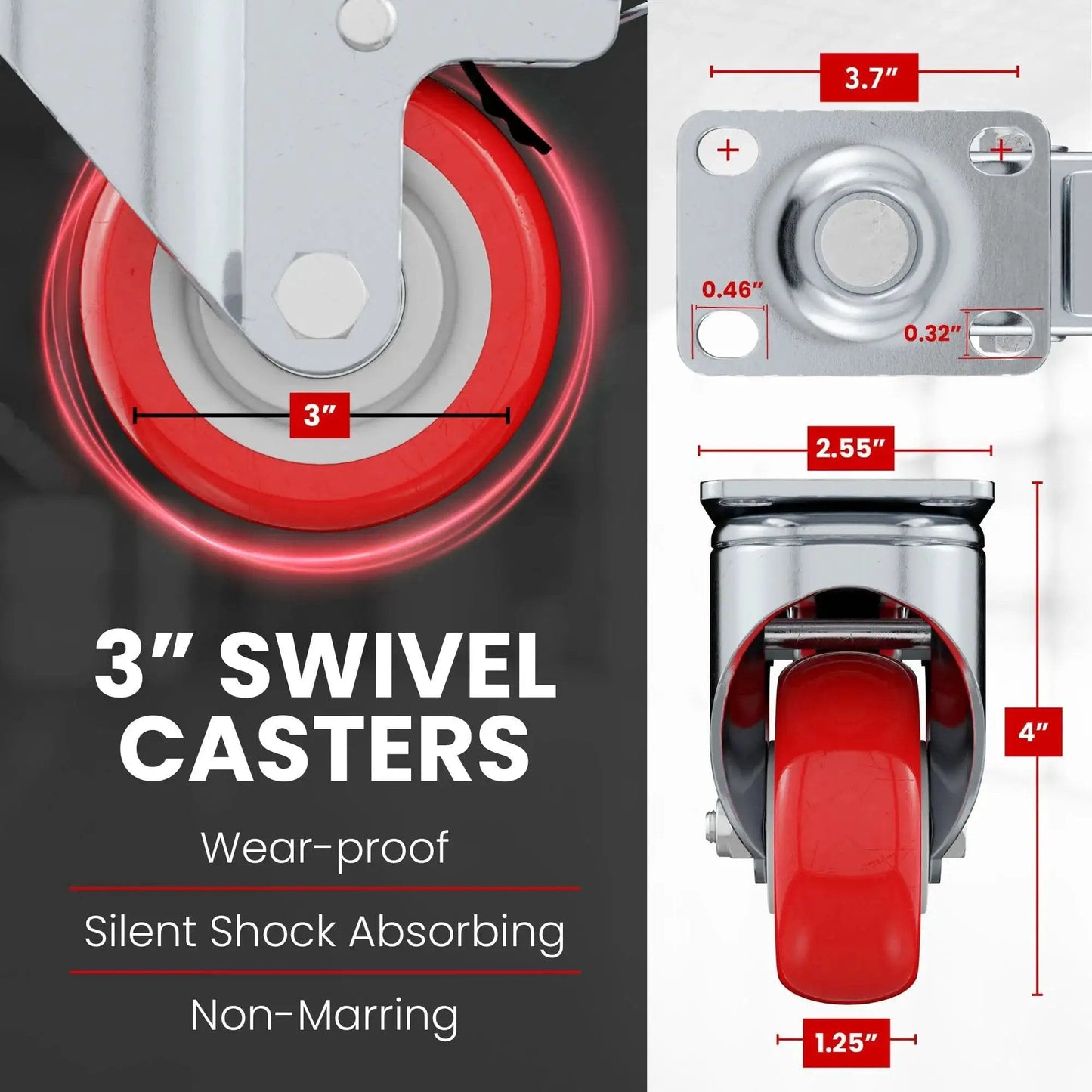 Four Pack Swivel Plate Caster Wheels With Brakes In Red Polyurethane, 3 Inch Locking Casters showing dimensions and design.